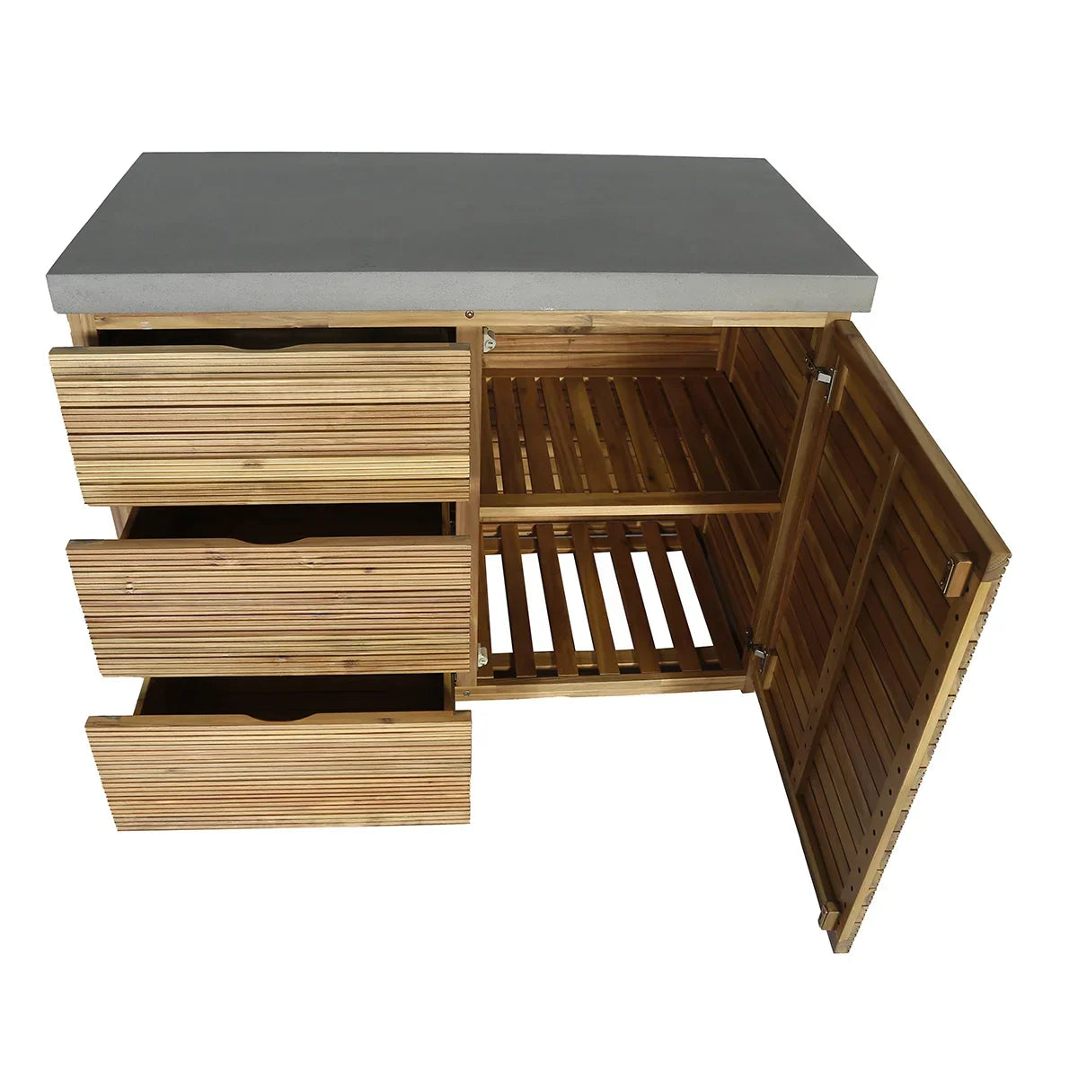 Bamboo cabinet with three open drawers and slatted shelf, concrete top, side door open