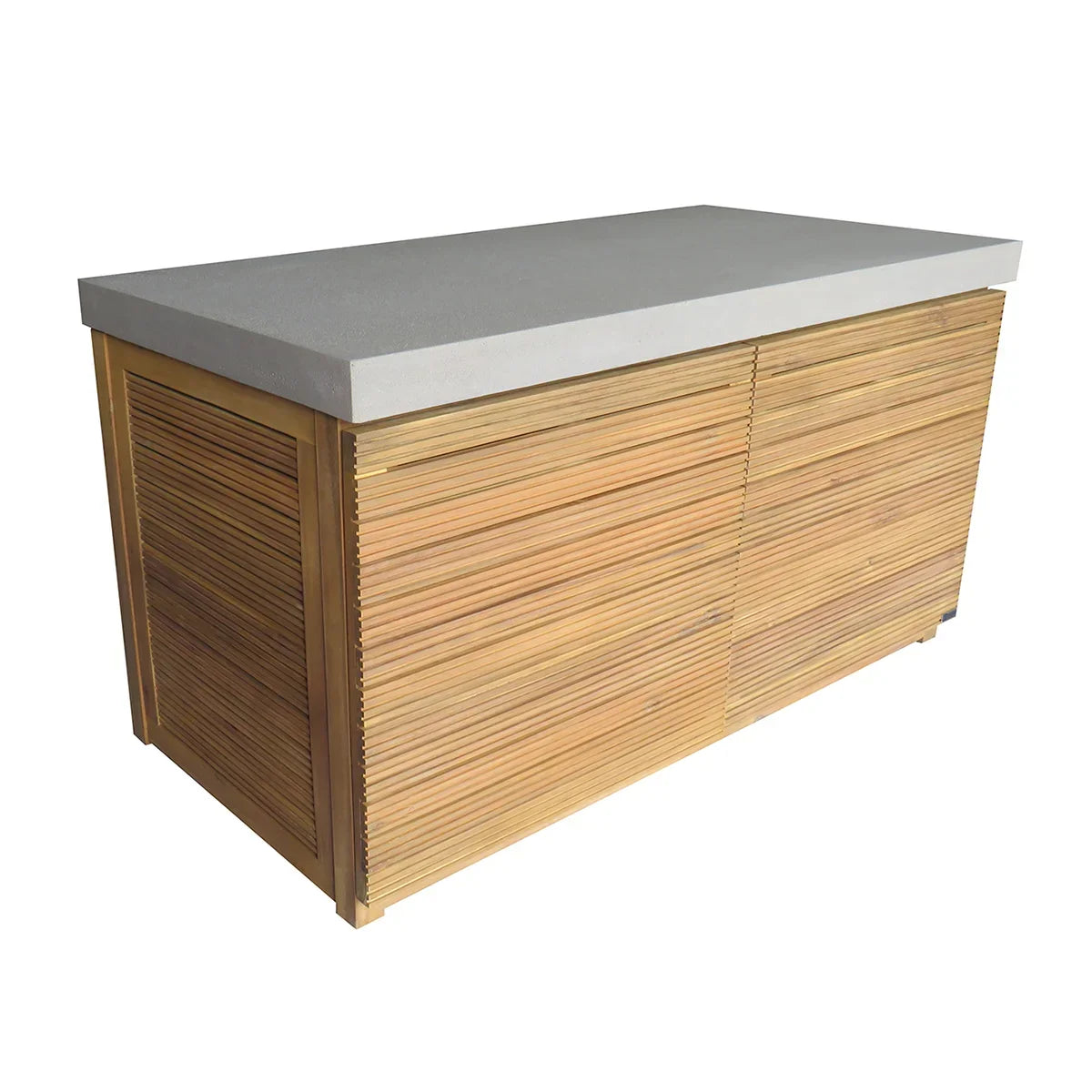 Wooden sideboard with slatted panels and concrete top, modern storage cabinet