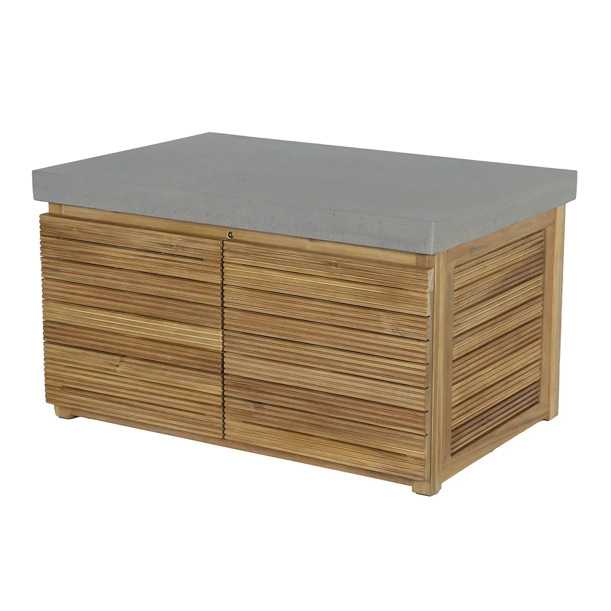 Rectangular wood coffee table with slatted panels and grey concrete top, front angle view