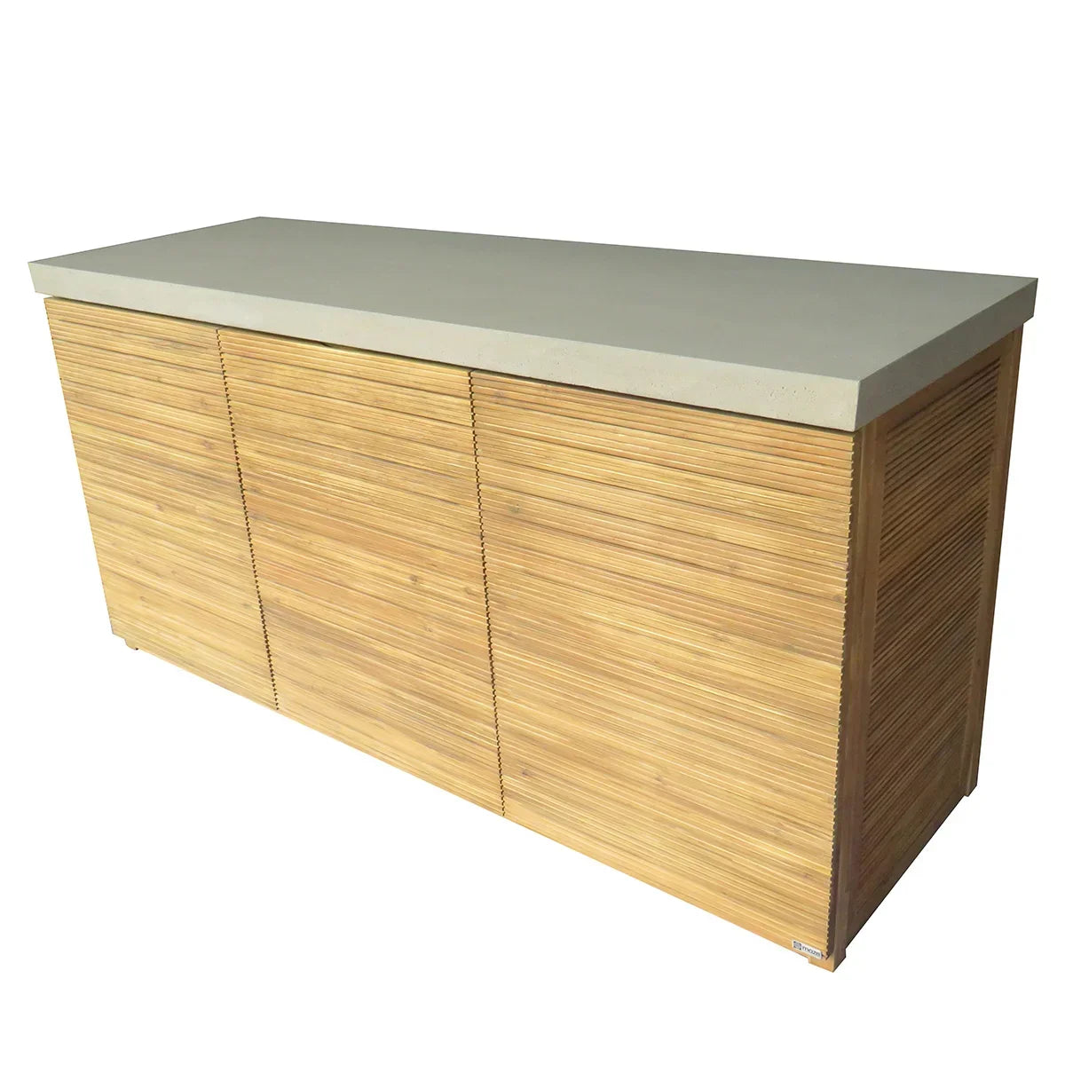 Wood storage cabinet with ribbed panels and stone effect top, front angle view