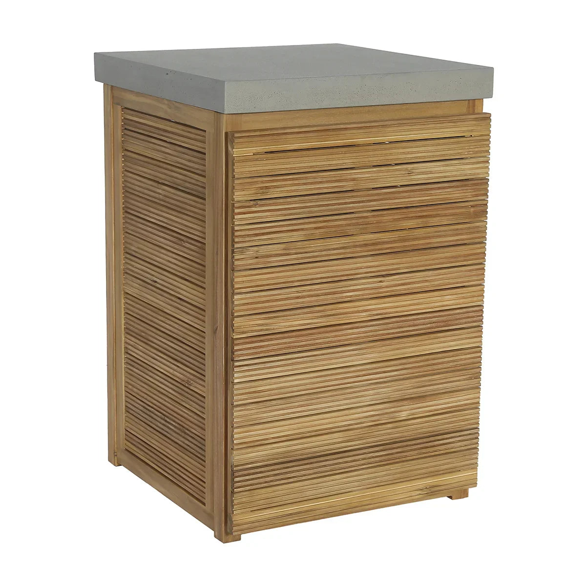 Wooden side table with slatted panels and concrete top, modern indoor outdoor furniture