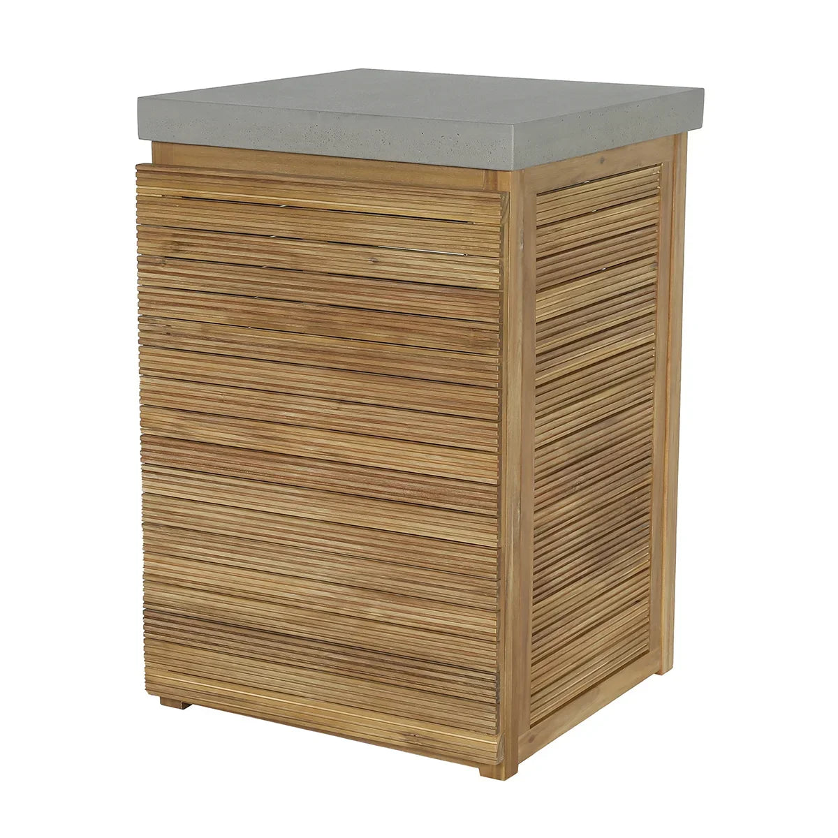 Teak wood side table with slatted panels and square grey concrete top
