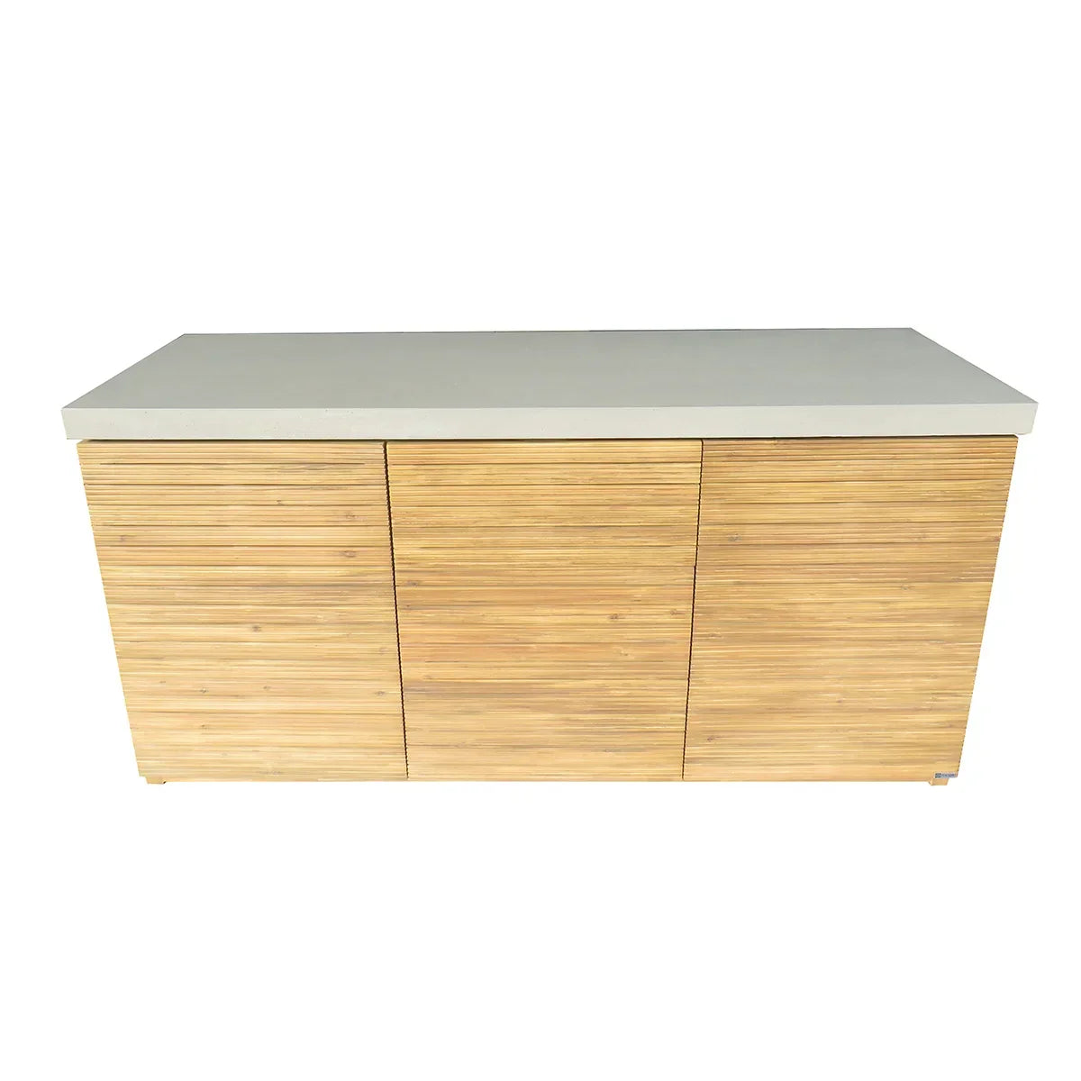 Bamboo sideboard with horizontal slat doors and smooth white top, front view