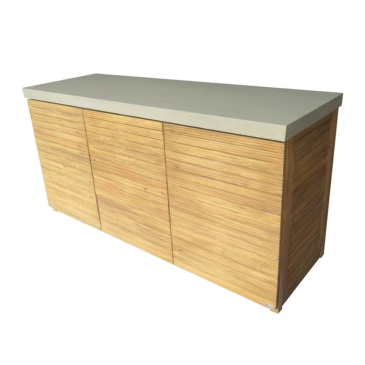 Contemporary wooden sideboard with light wood slatted doors and concrete top