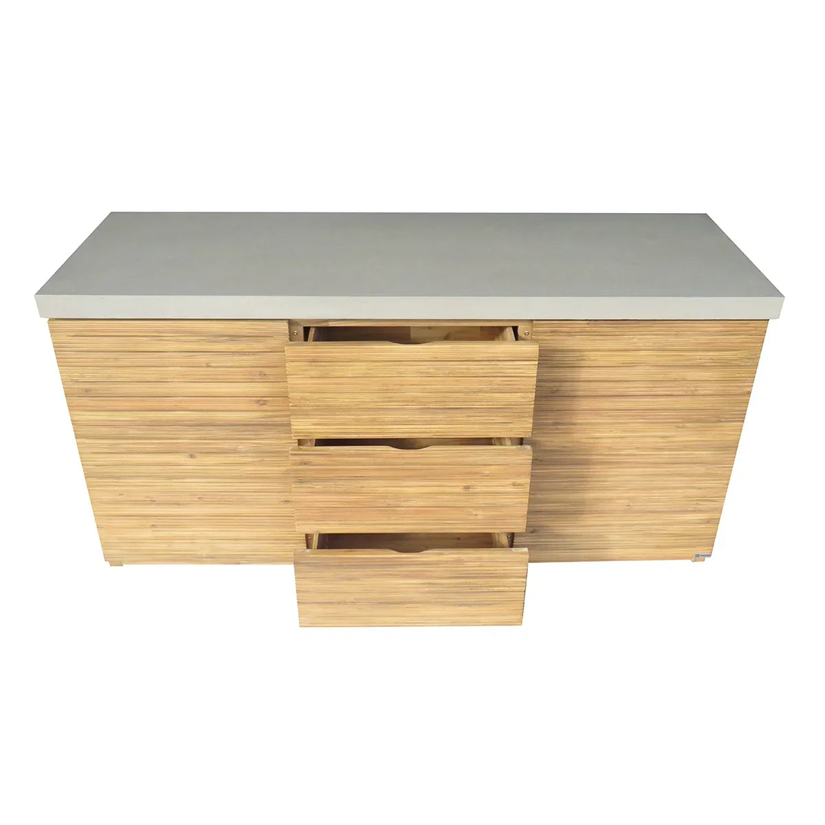 Modern wooden sideboard with three open drawers and light grey top surface