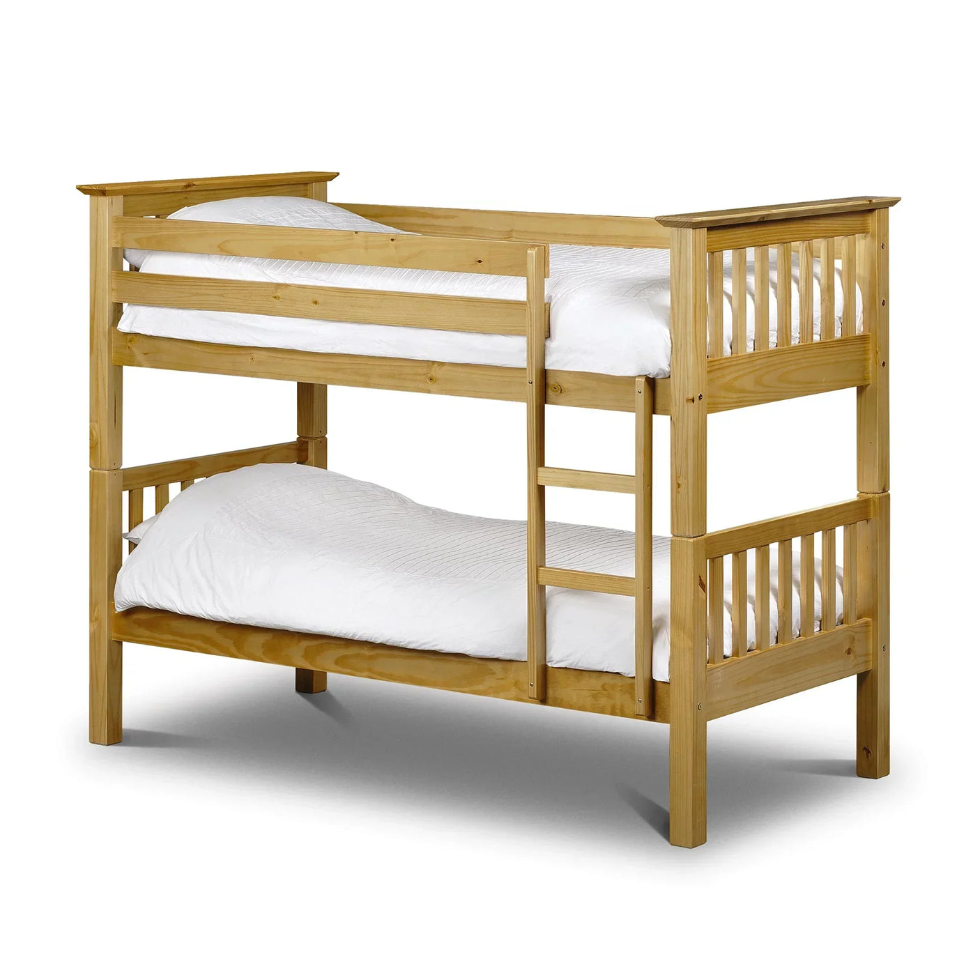 Pine bunk bed with ladder, slatted sides, and white bedding on both levels