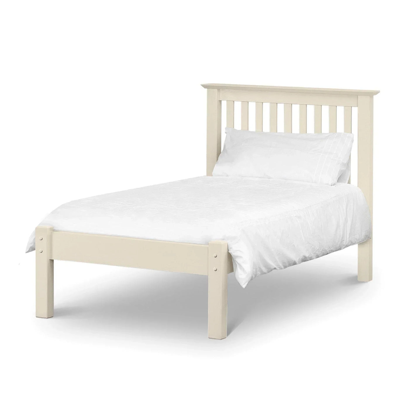 Stone white single bed frame with slatted headboard and white bedding, front view