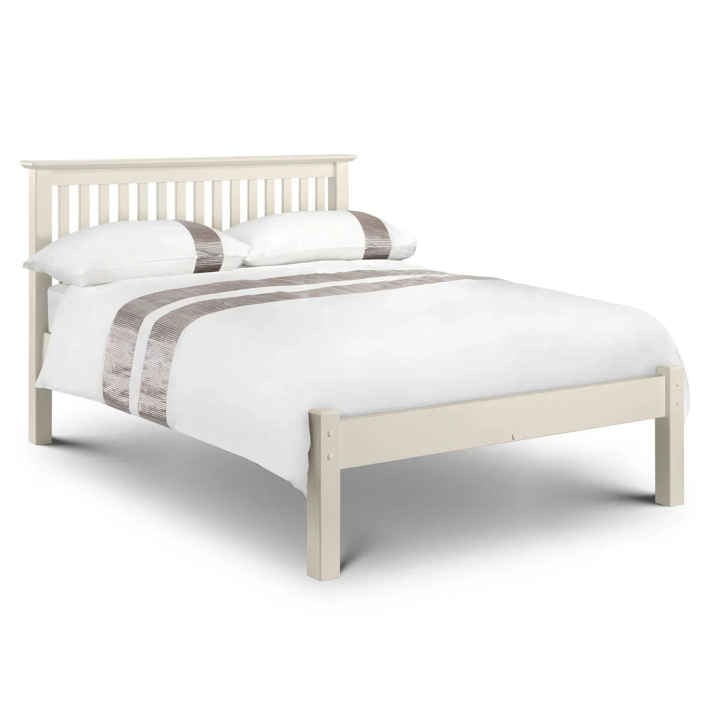 Stone white small double bed with slatted headboard and low footend on white background
