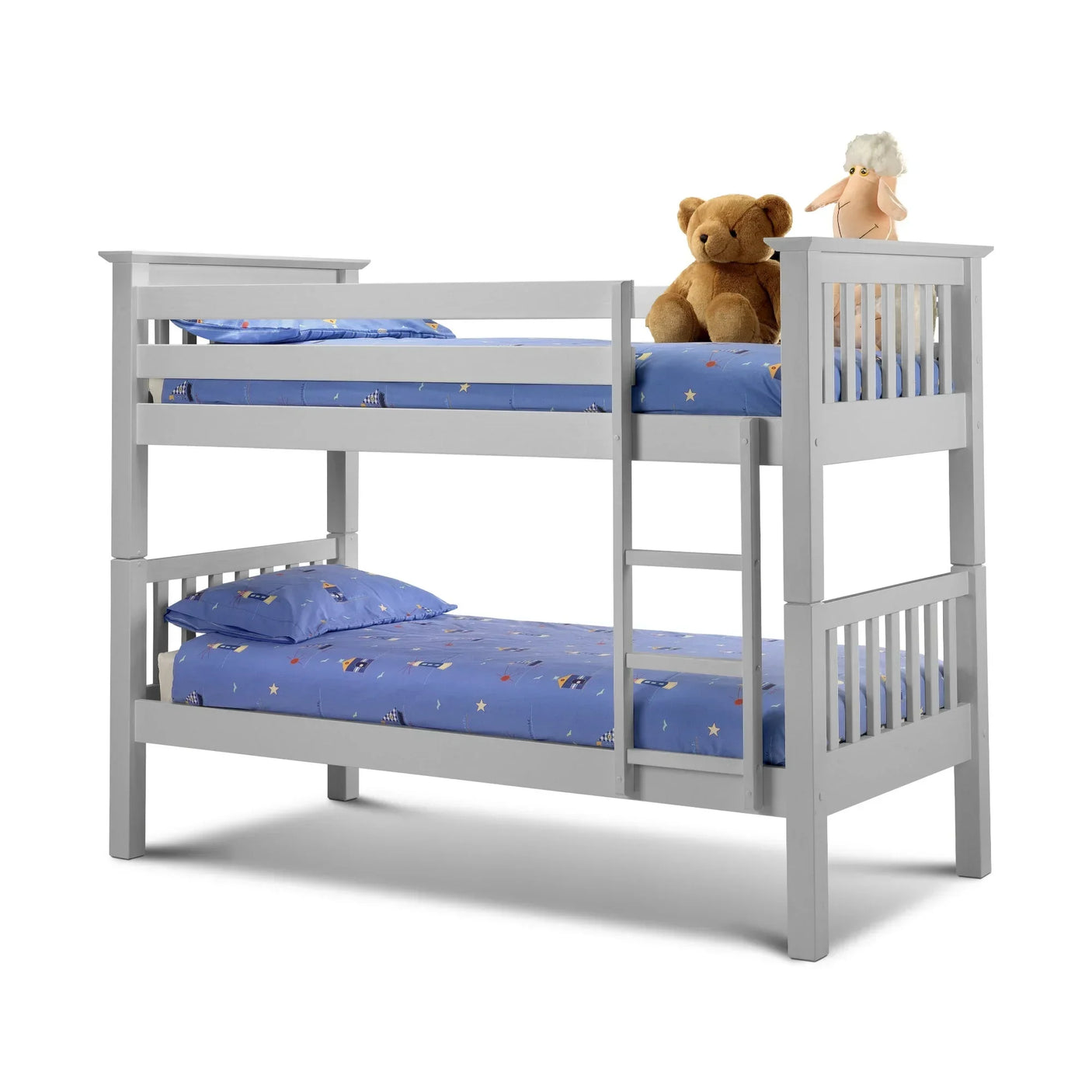 Grey wooden bunk bed with ladder, blue star bedding, and two plush toys on top bunk