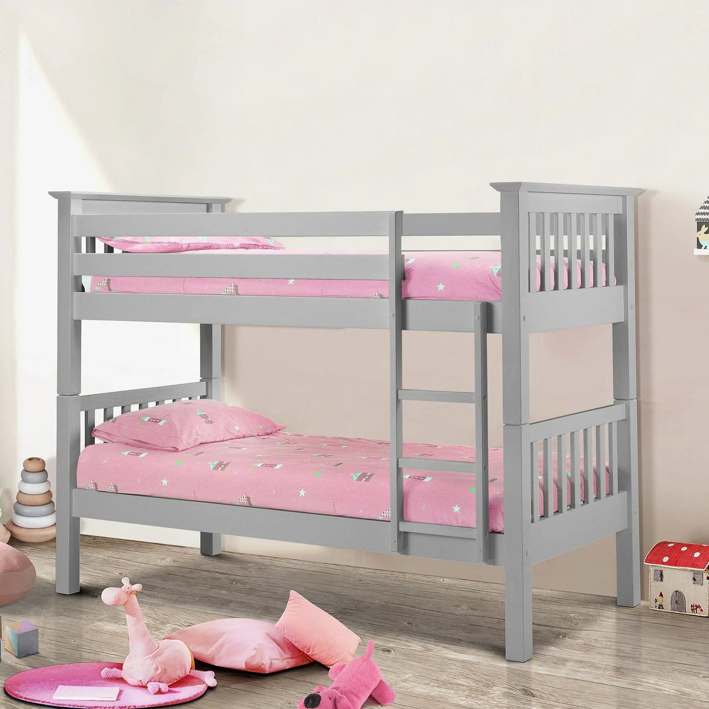 Dove grey wooden bunk bed with ladder, pink bedding, children's bedroom setting