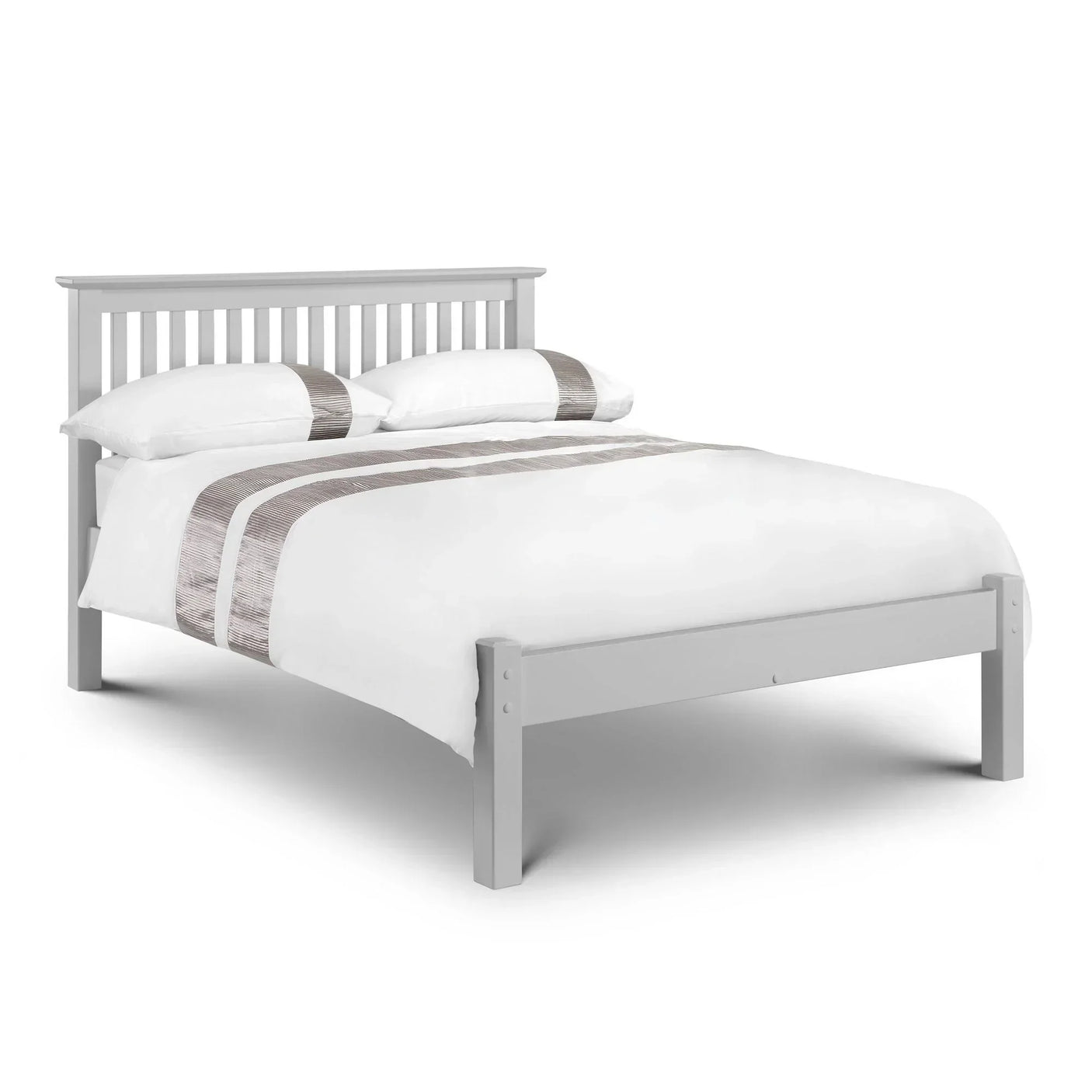 Dove grey double bed frame with slatted headboard and white bedding, front angle view