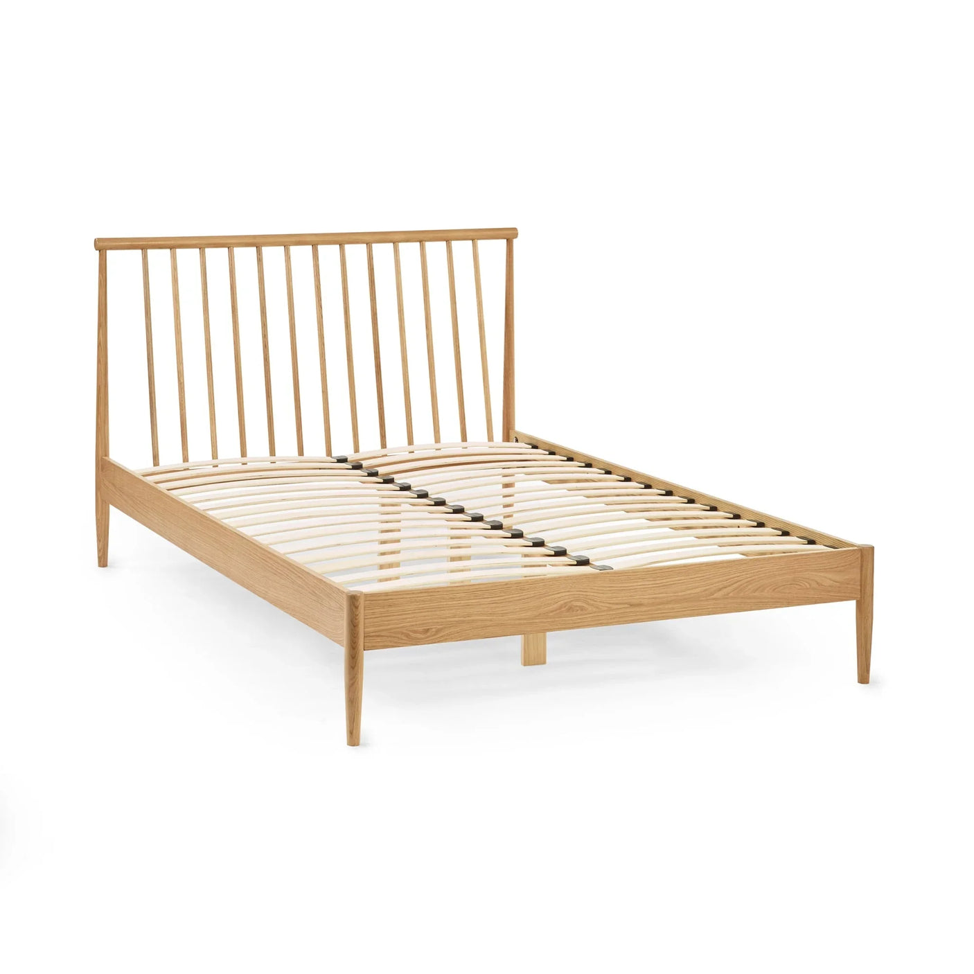 Oak wooden bed frame with slatted headboard and sprung slat base, angled front view