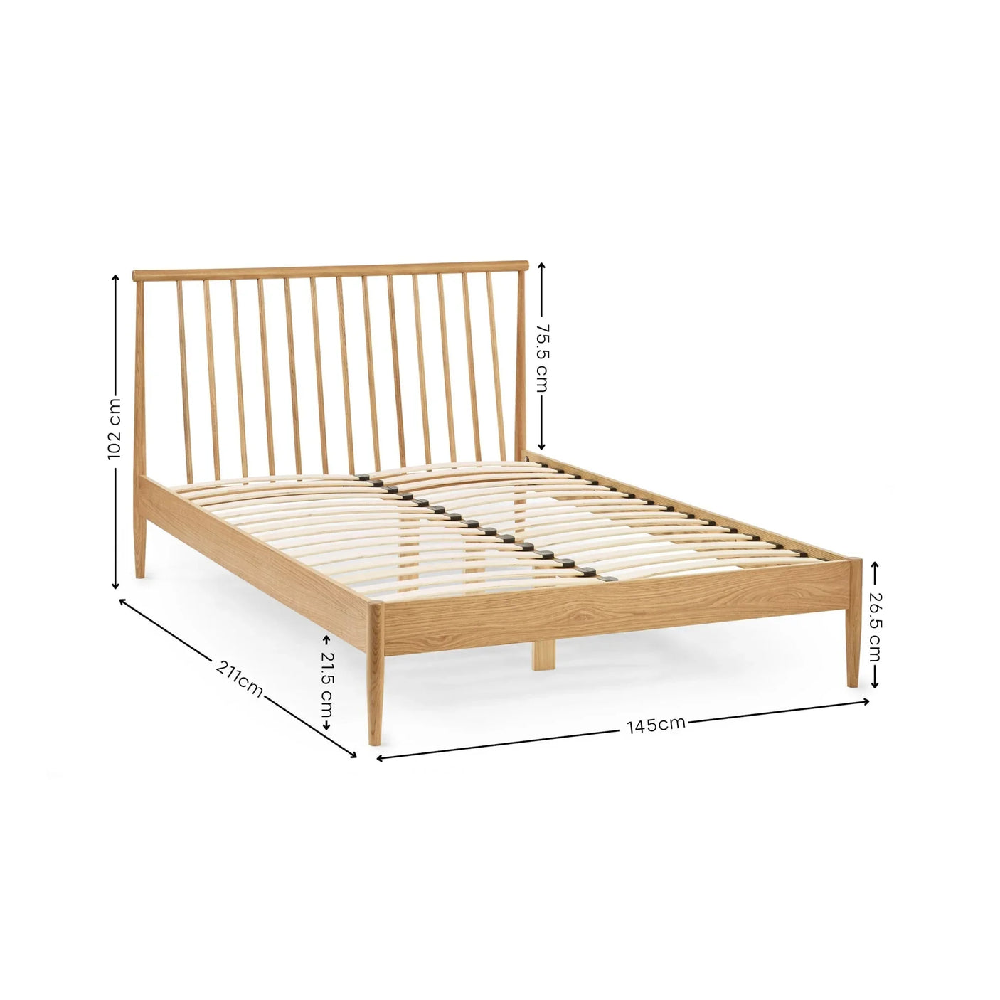 Oak wooden bed frame with slatted base, vertical slat headboard, and measurements shown