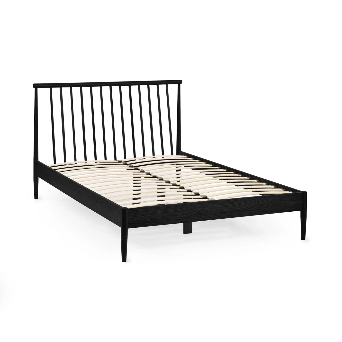 Black wooden bed frame with slatted base and spindle headboard, angled front view