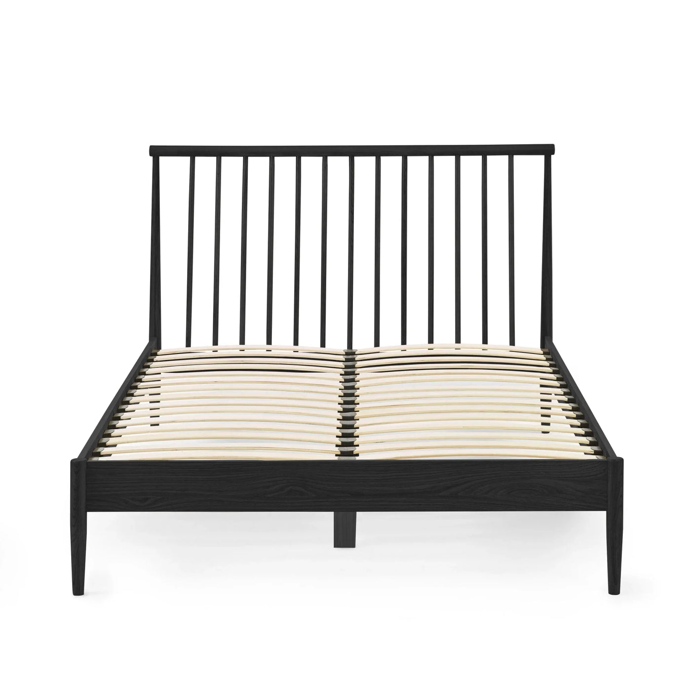 Black wooden bed frame with vertical slat headboard and curved wooden slats, front view