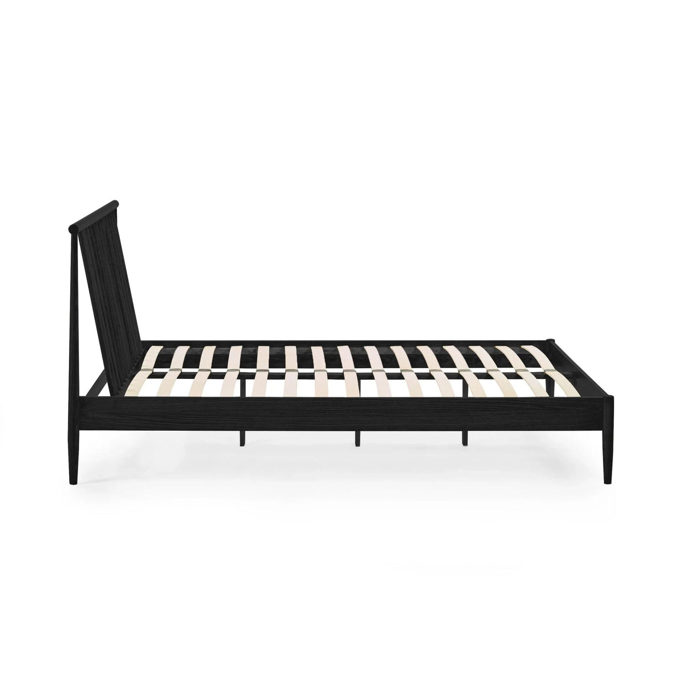 Black wooden bed frame with slatted base and angled headboard, side view