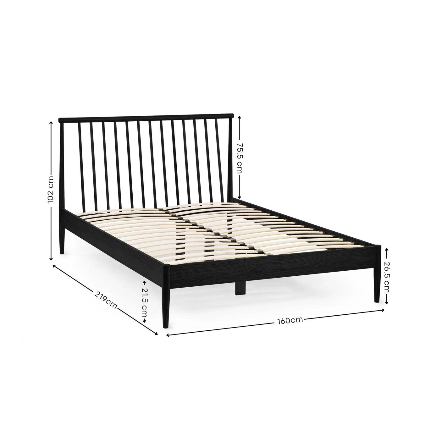 Black wooden double bed frame with slatted base, high spindle headboard, and size dimensions