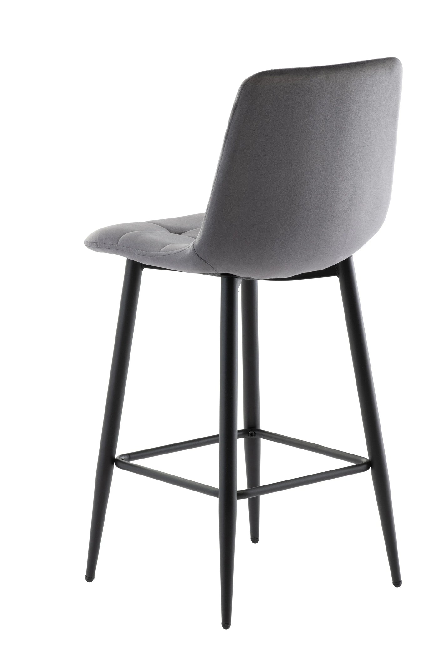 Grey fabric bar stool with black metal legs and tufted seat, rear side angle view