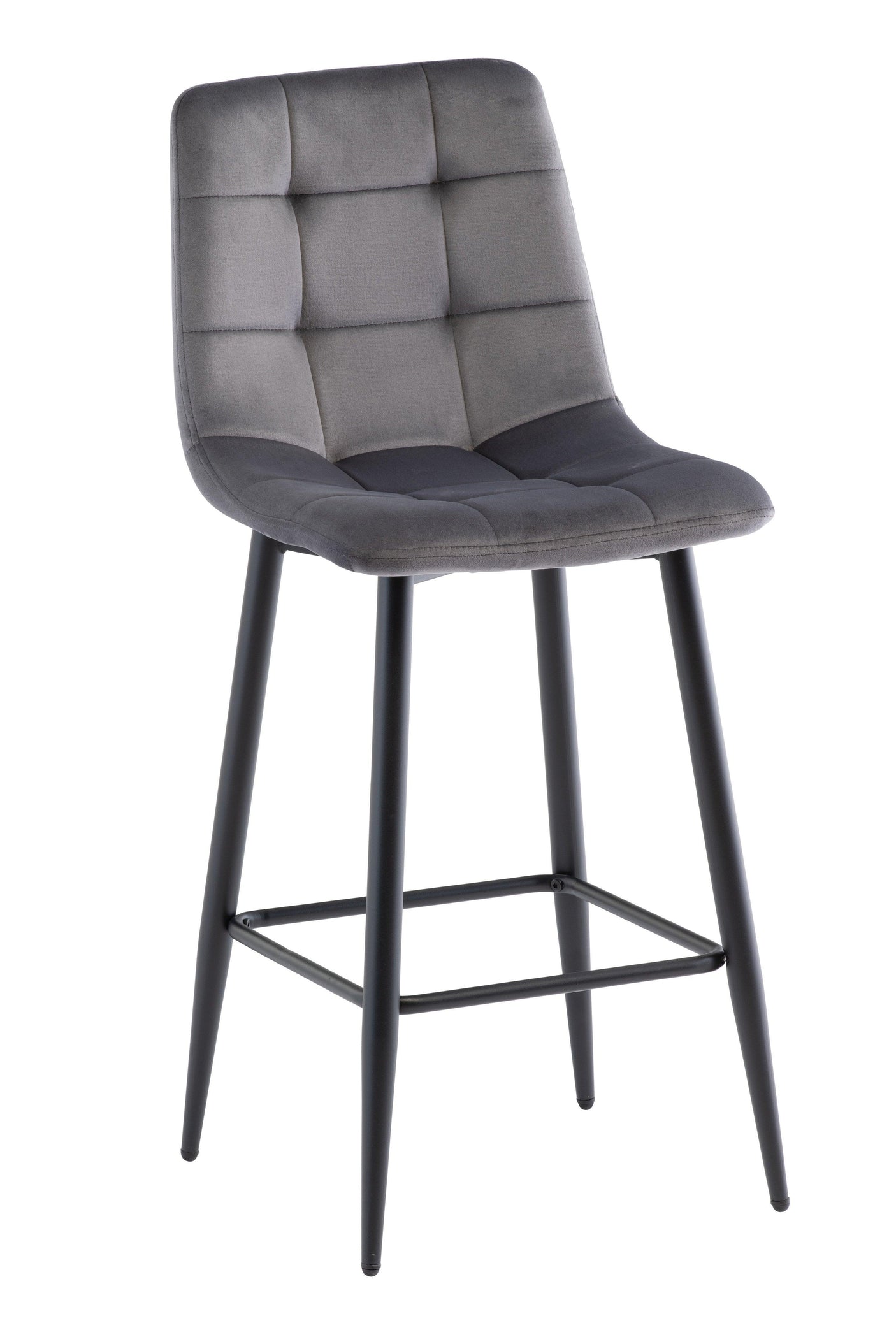 Grey velvet bar stool with black metal legs and grid-stitched cushioned seat