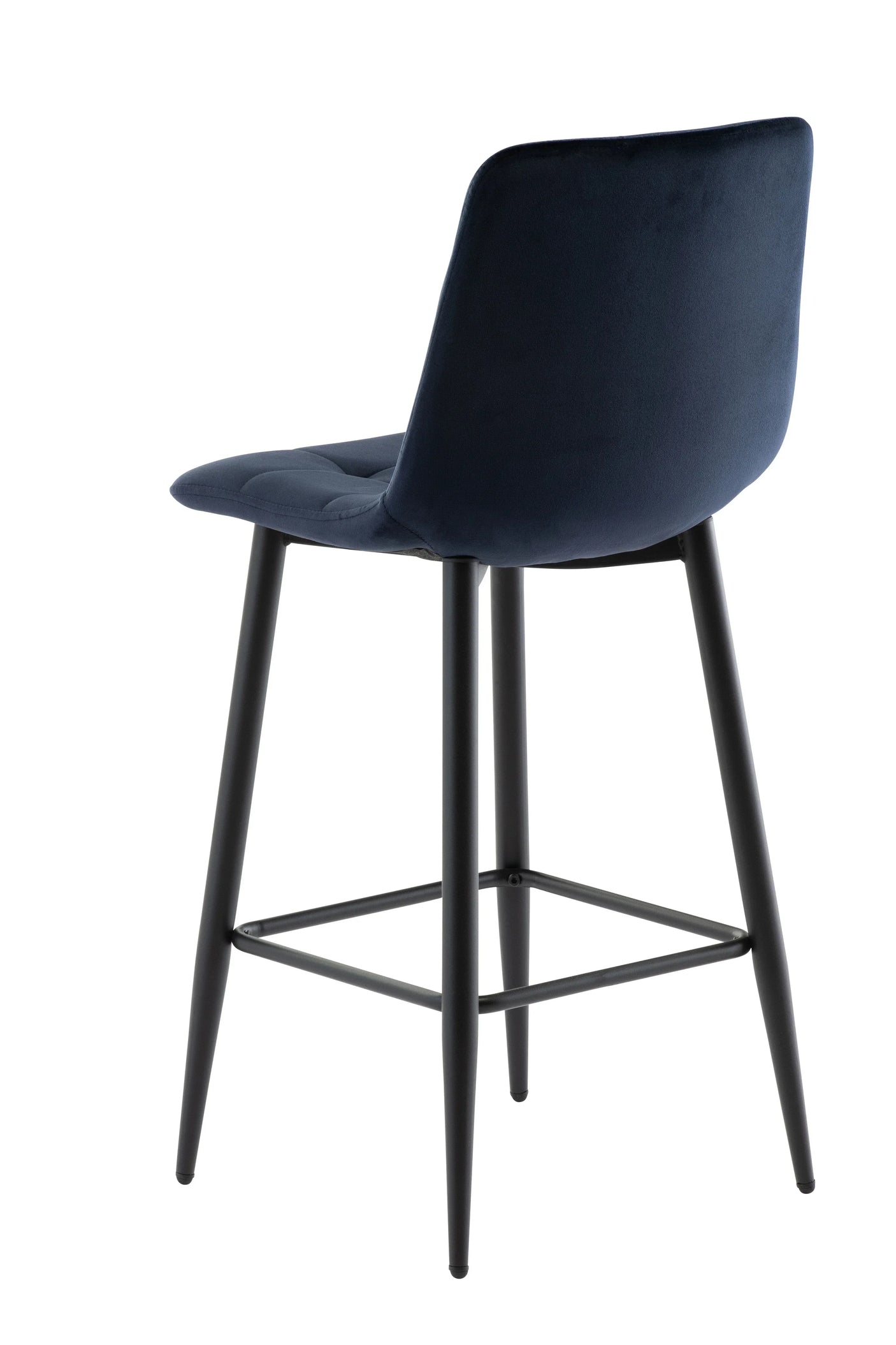 Navy velvet bar stool with black metal legs, rear view