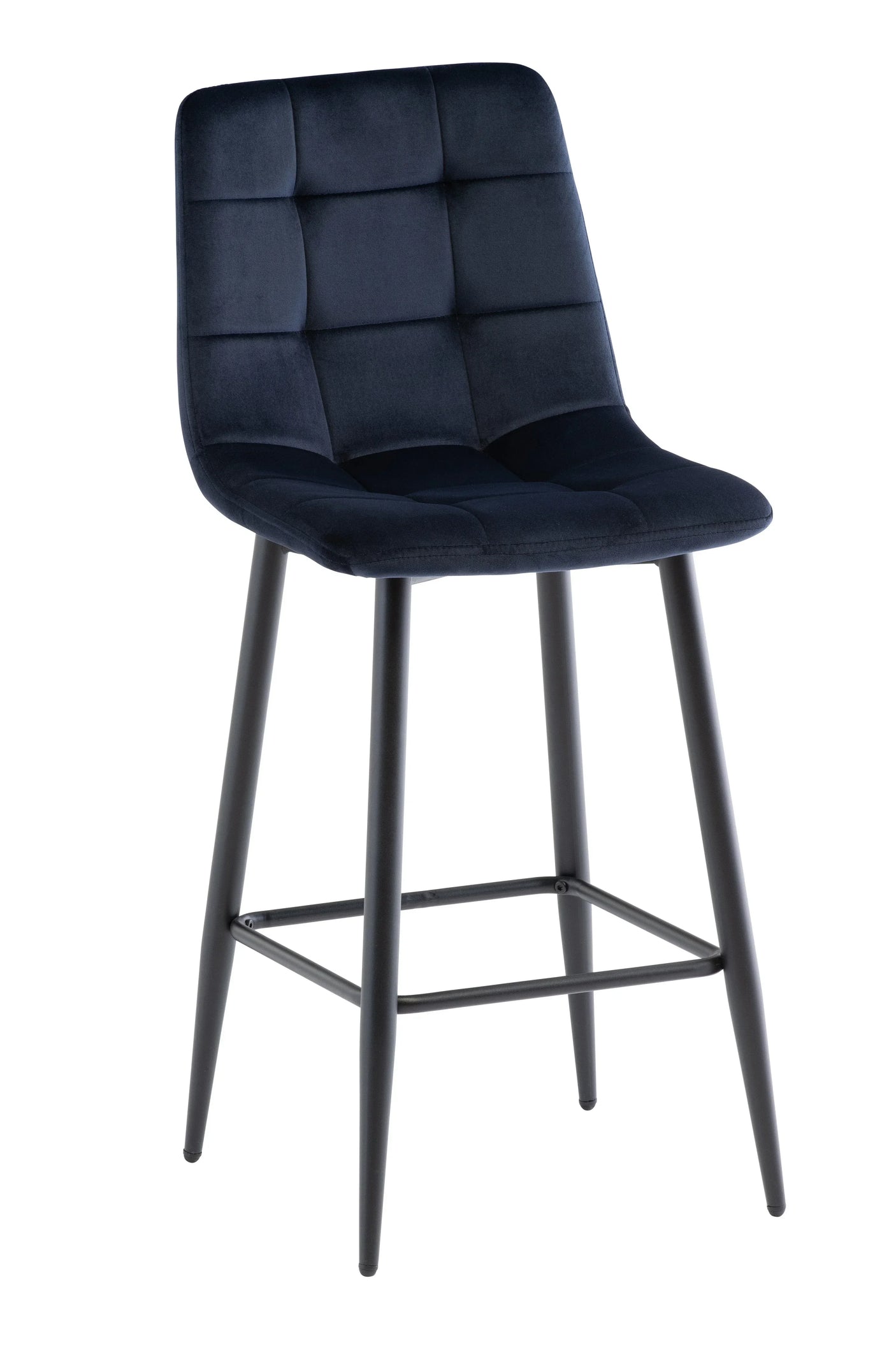 Navy blue fabric bar stool with black metal legs and square padded seat