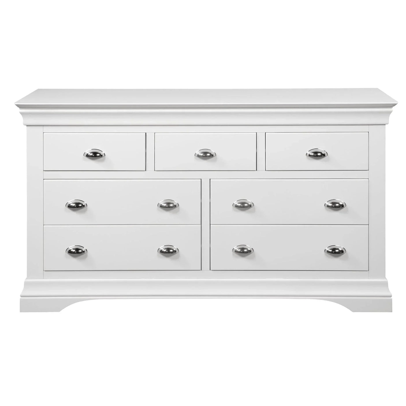 White chest of drawers with seven drawers and chrome handles, front view