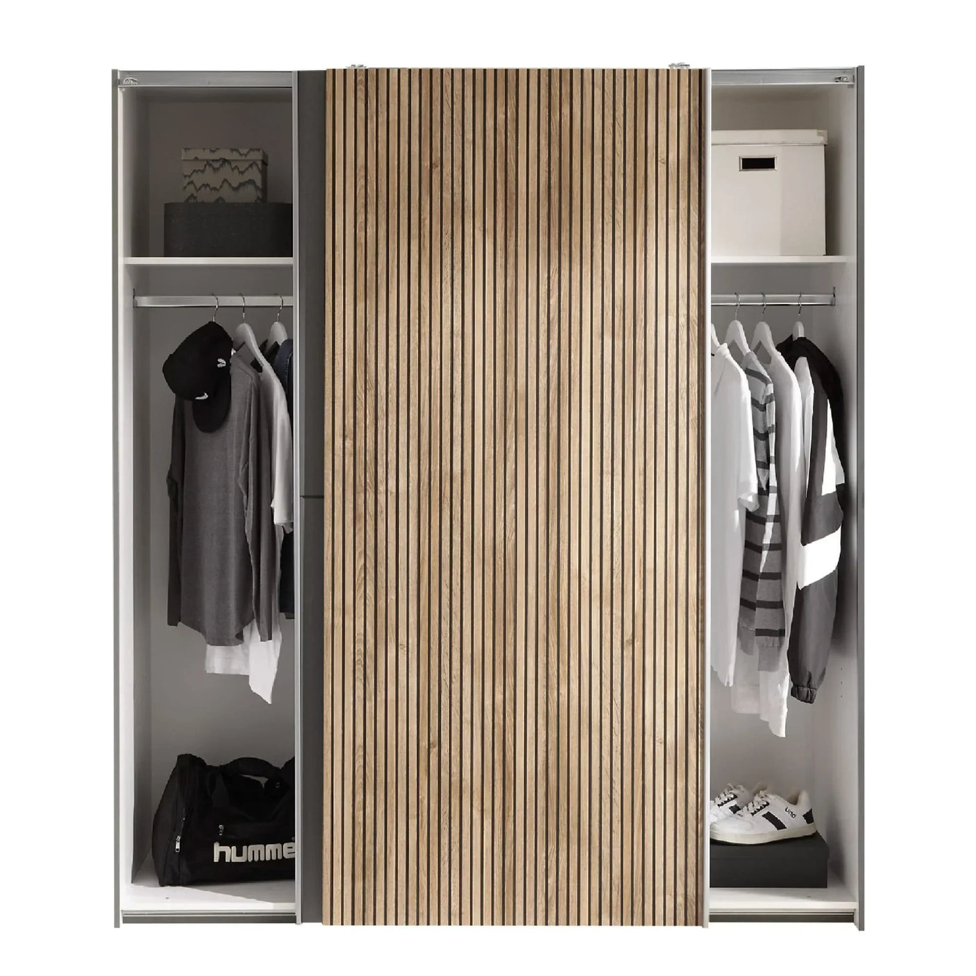 Wooden sliding door wardrobe with hanging clothes, shelves, and storage boxes