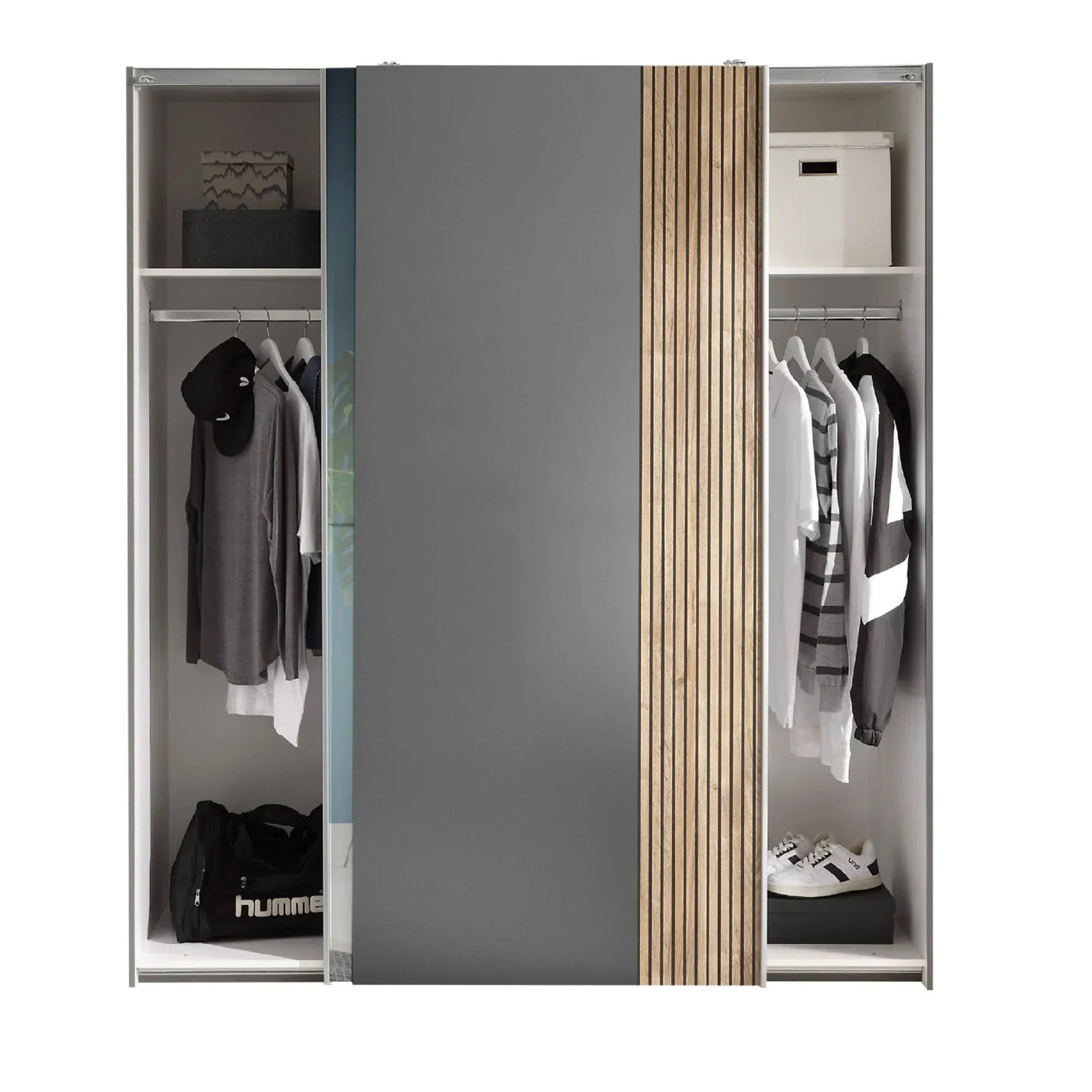 Grey sliding door wardrobe with wooden panel, hanging clothes, shelves and storage boxes