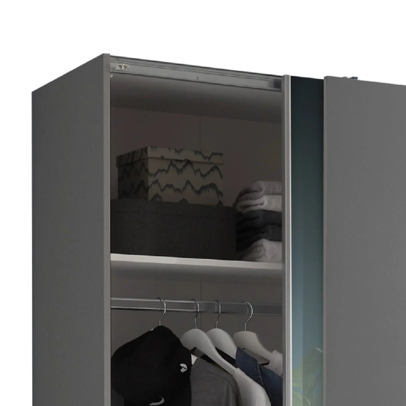 Grey wardrobe with hanging rail, storage shelf, folded towels, and storage boxes
