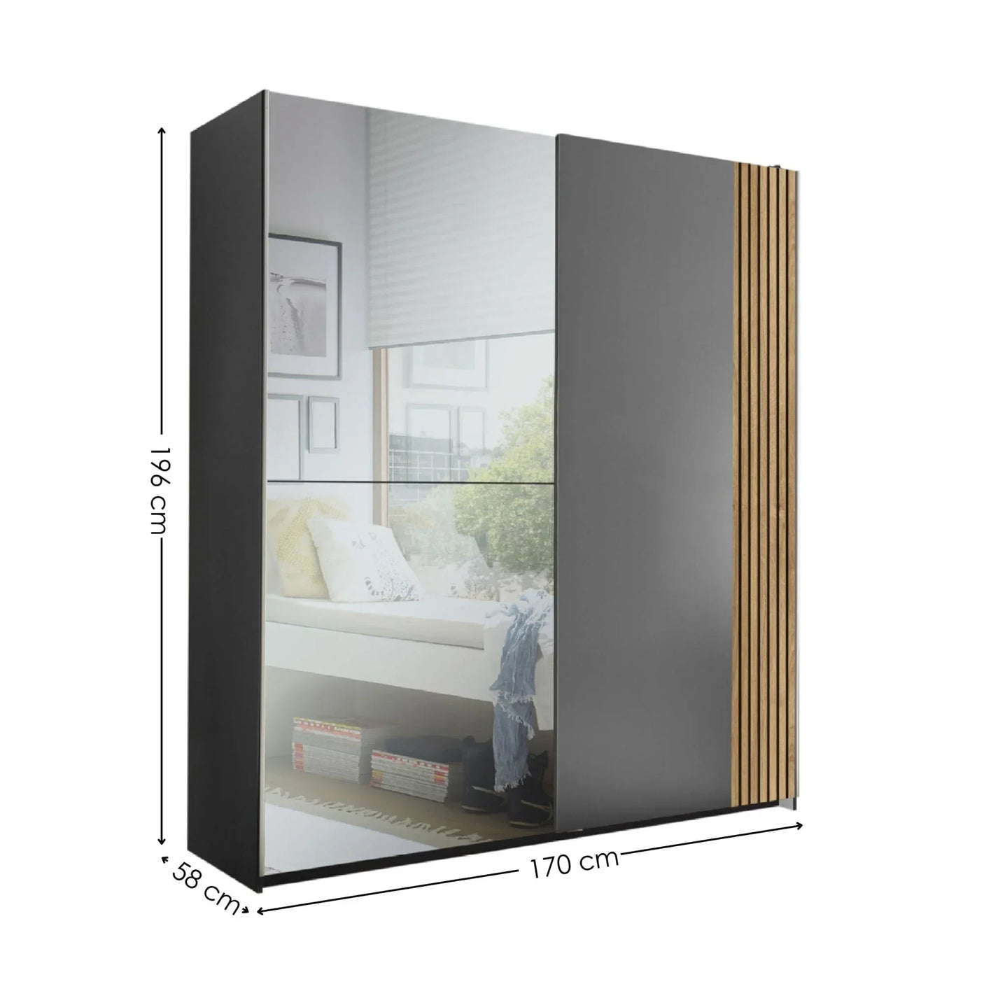 Grey sliding wardrobe with mirrored door, wooden slat detail and size dimensions displayed