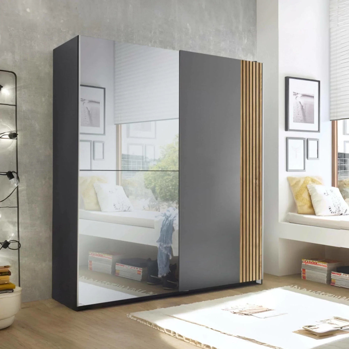 Grey mirrored wardrobe with sliding doors and wood accent in modern bedroom