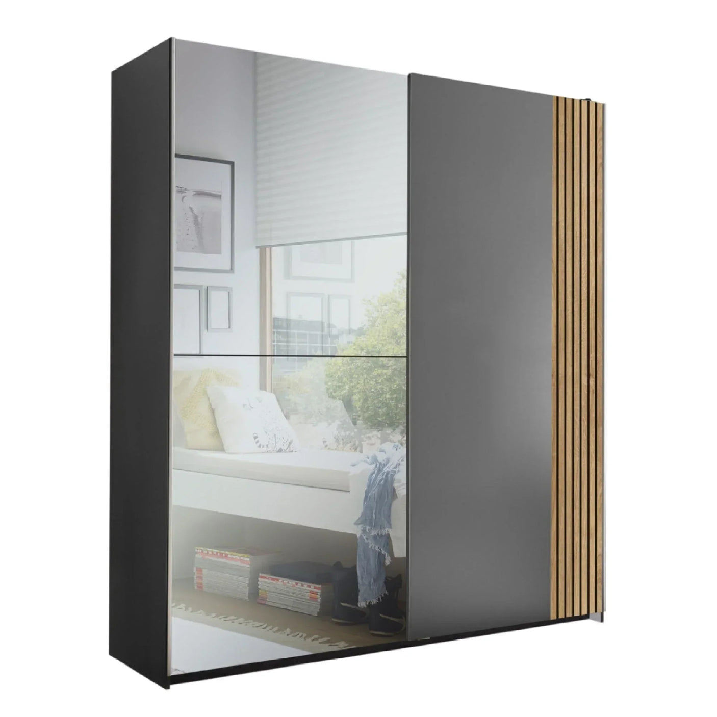 Grey mirrored wardrobe with sliding doors and vertical wood accent on side
