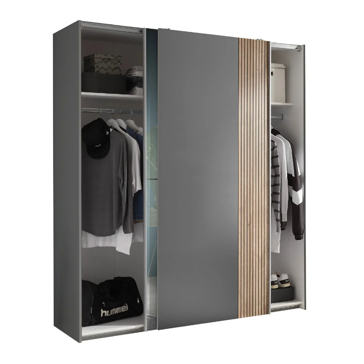 Grey sliding door wardrobe with wood detailing, open to reveal hanging space and storage shelves