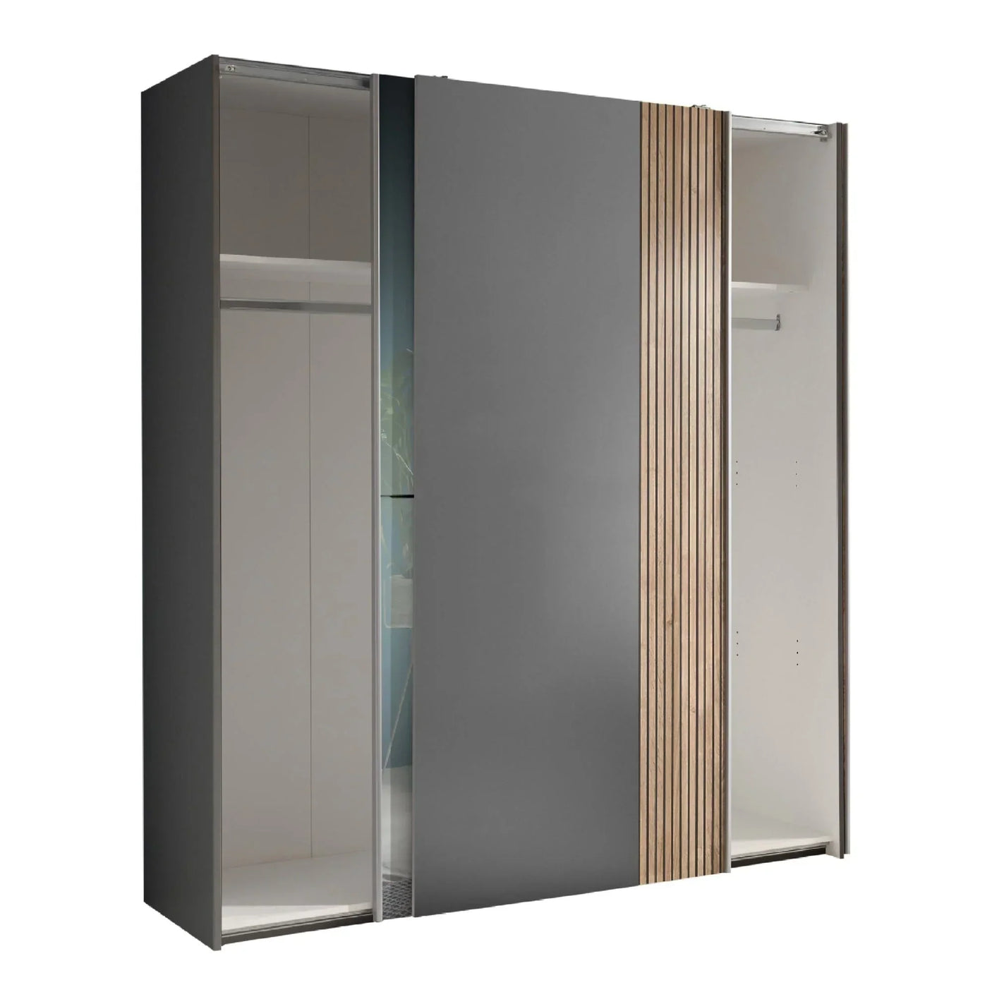 Modern wardrobe with grey sliding doors and wood slat accent, mirror panel partially open