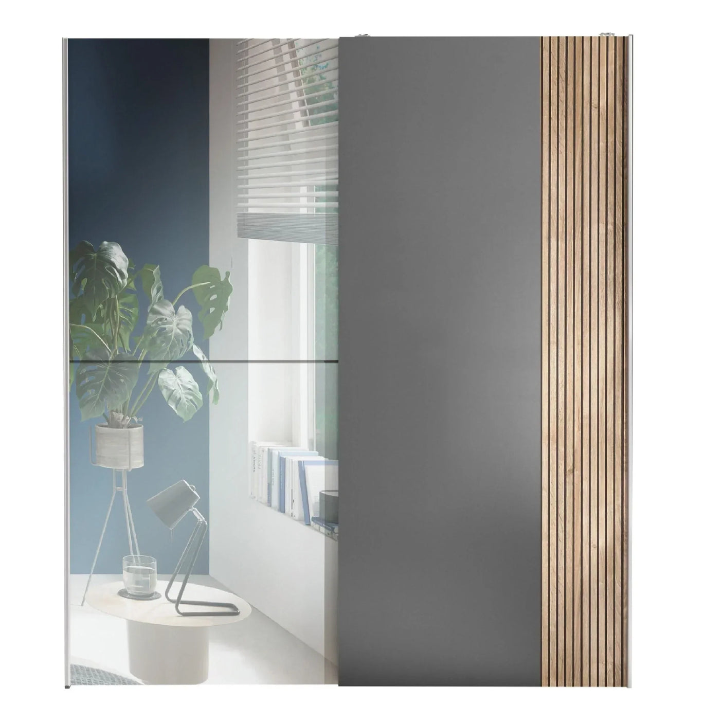 Modern sliding wardrobe with grey glass door and vertical wood panel accent