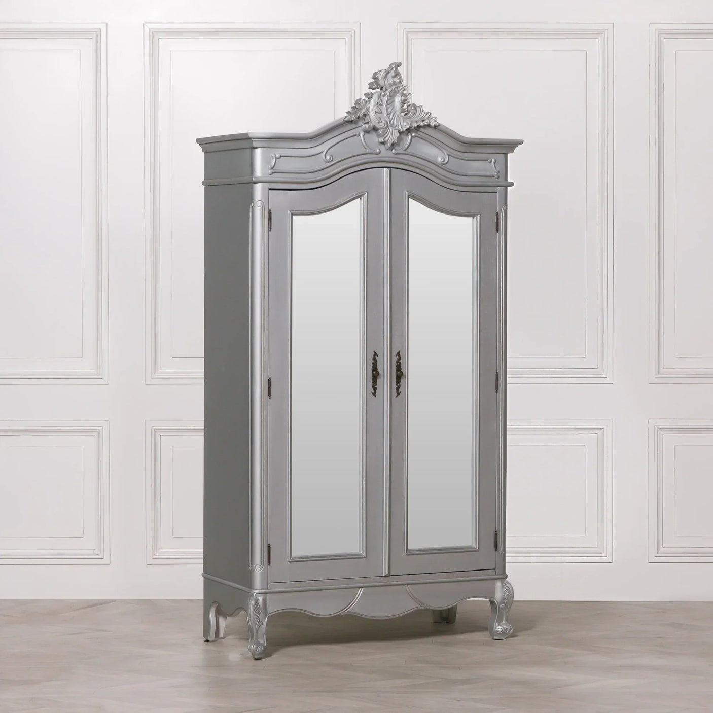 Grey mirrored wardrobe with ornate detailing and double doors in classic style