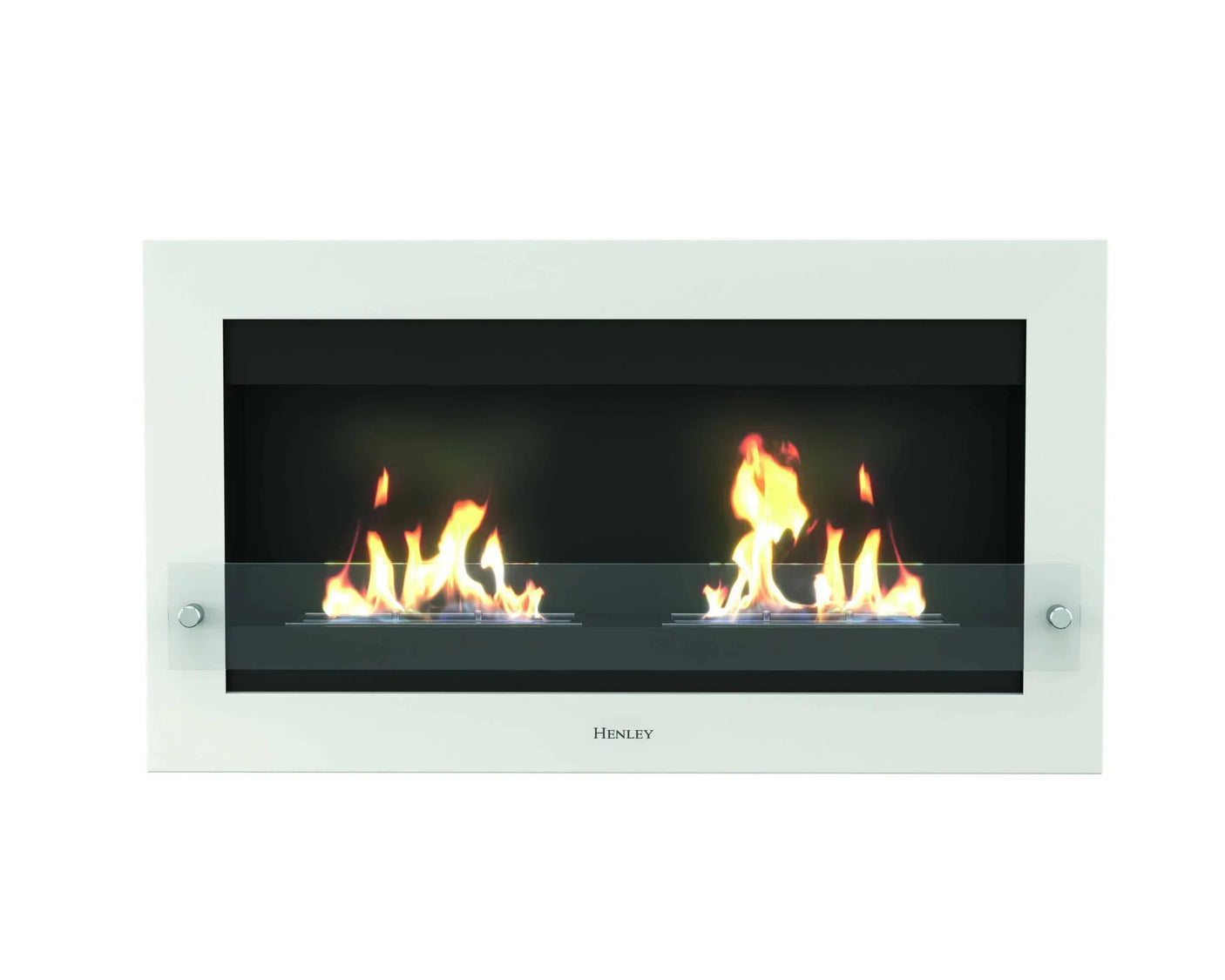White bioethanol wall-mounted fireplace with visible flames and glass safety panel