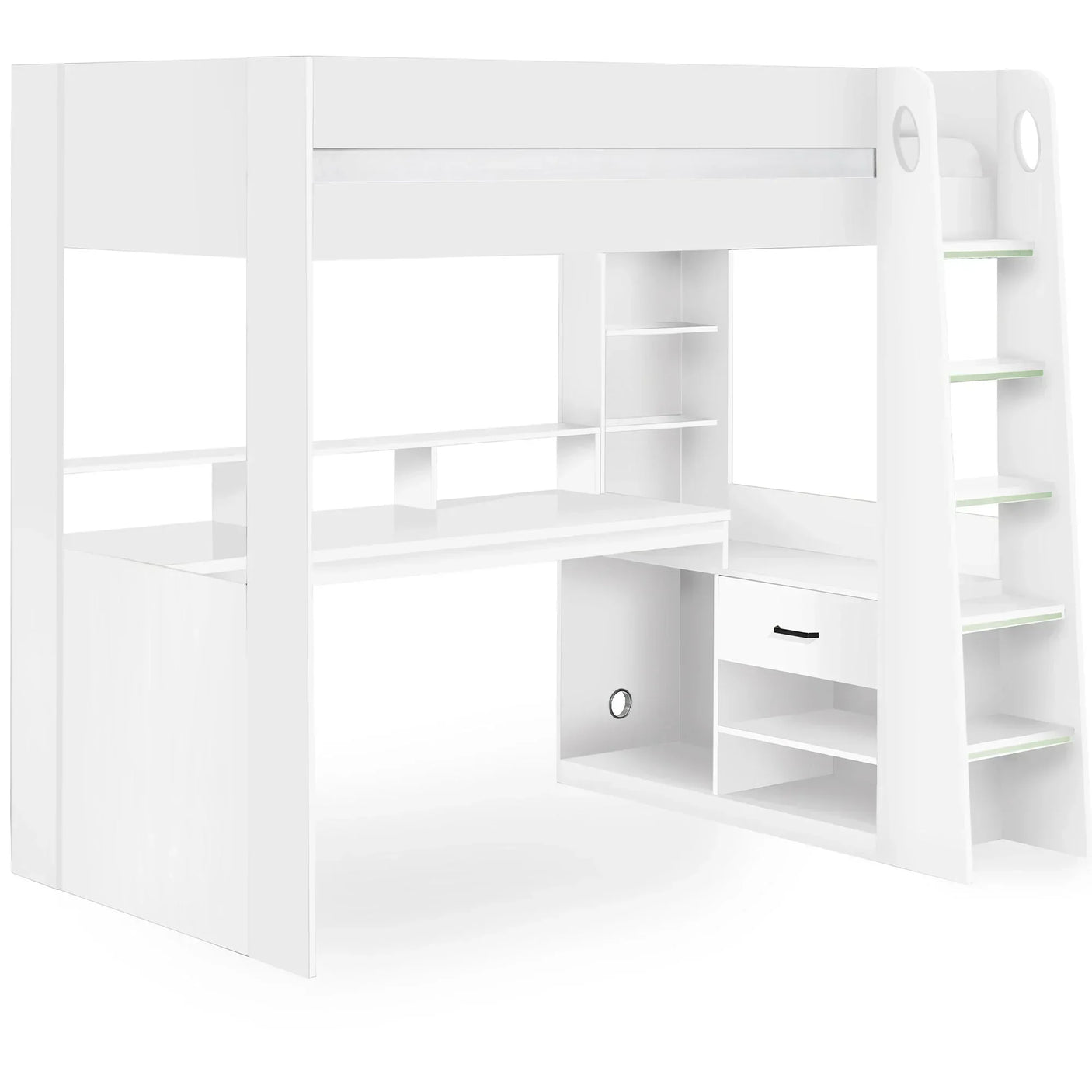 White highsleeper gaming bed with integrated desk, shelves, drawer and angled ladder