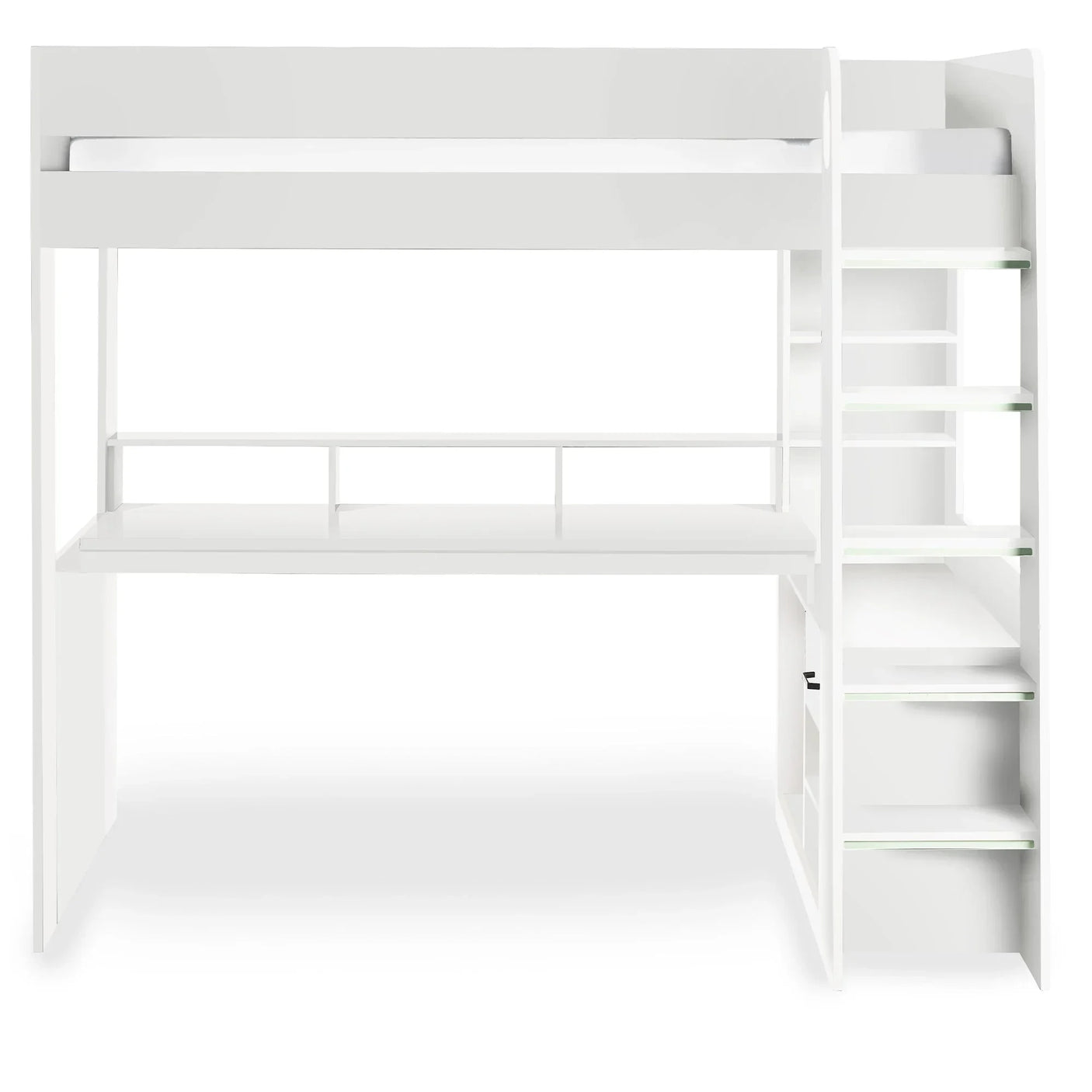 White gaming high sleeper bed with integrated steps, shelves, and built-in desk front view
