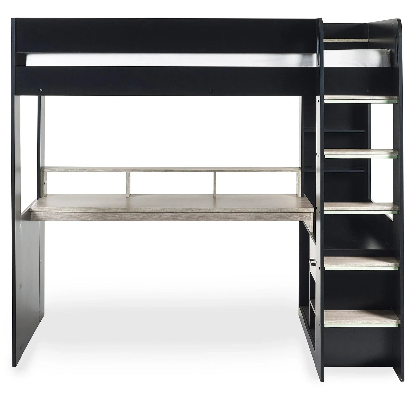 Black high sleeper bed frame with pale wood desk and shelving, front view