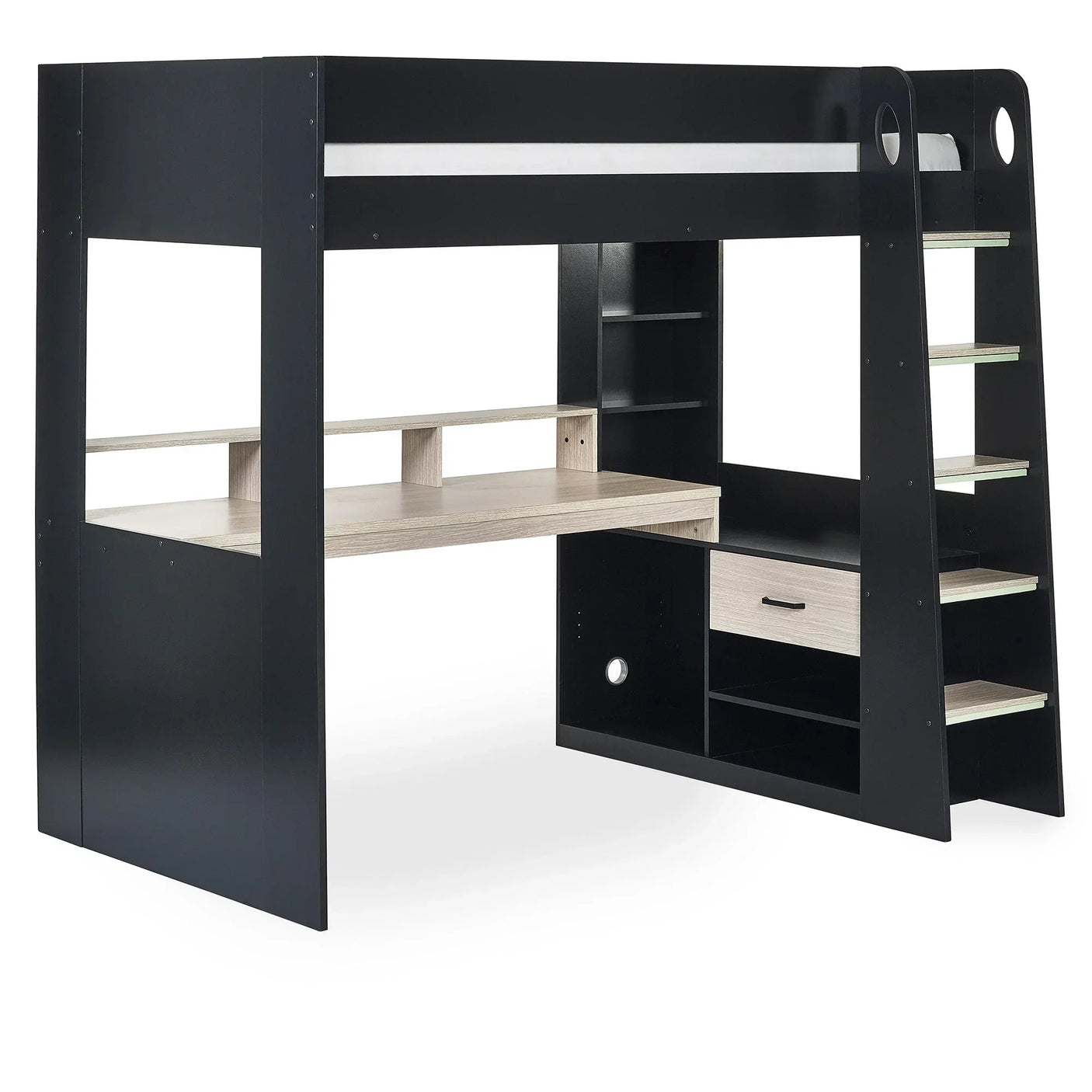 Black gaming highsleeper bed with integrated desk, storage shelves, drawer, and staircase