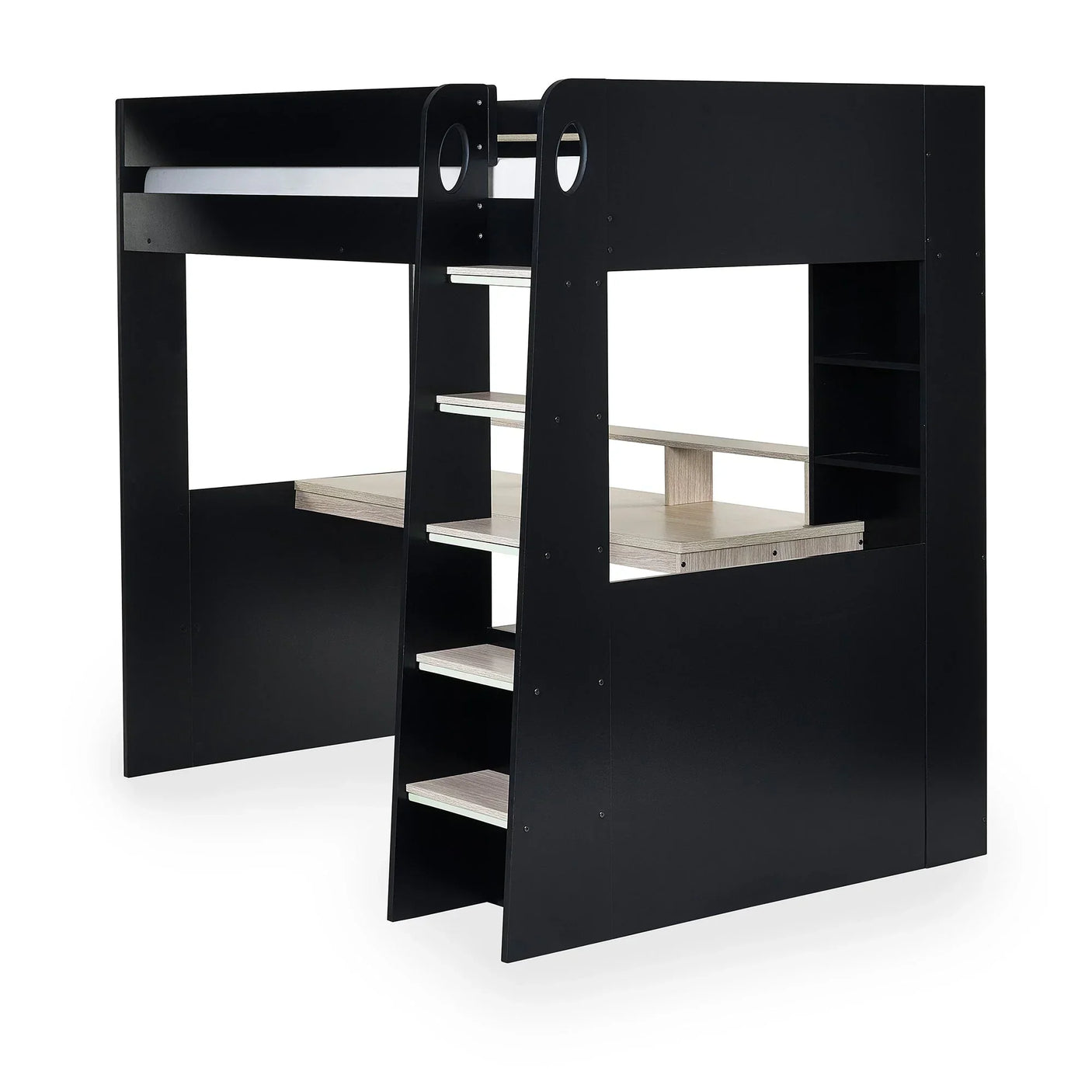 Black gaming highsleeper bed with pale wood steps, built-in desk and shelving unit