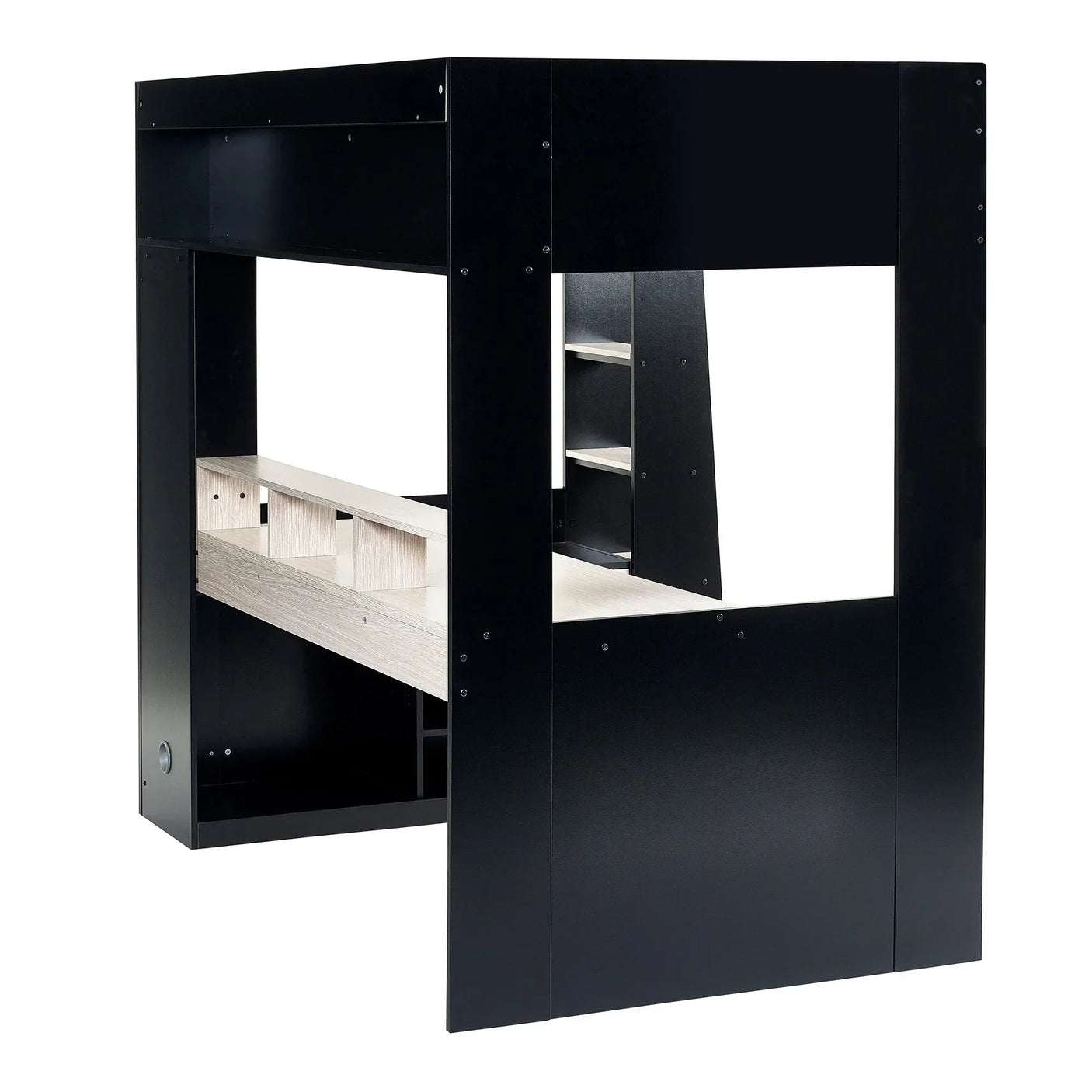 Black gaming highsleeper bed with pale wood desk and built-in shelving, side angle view
