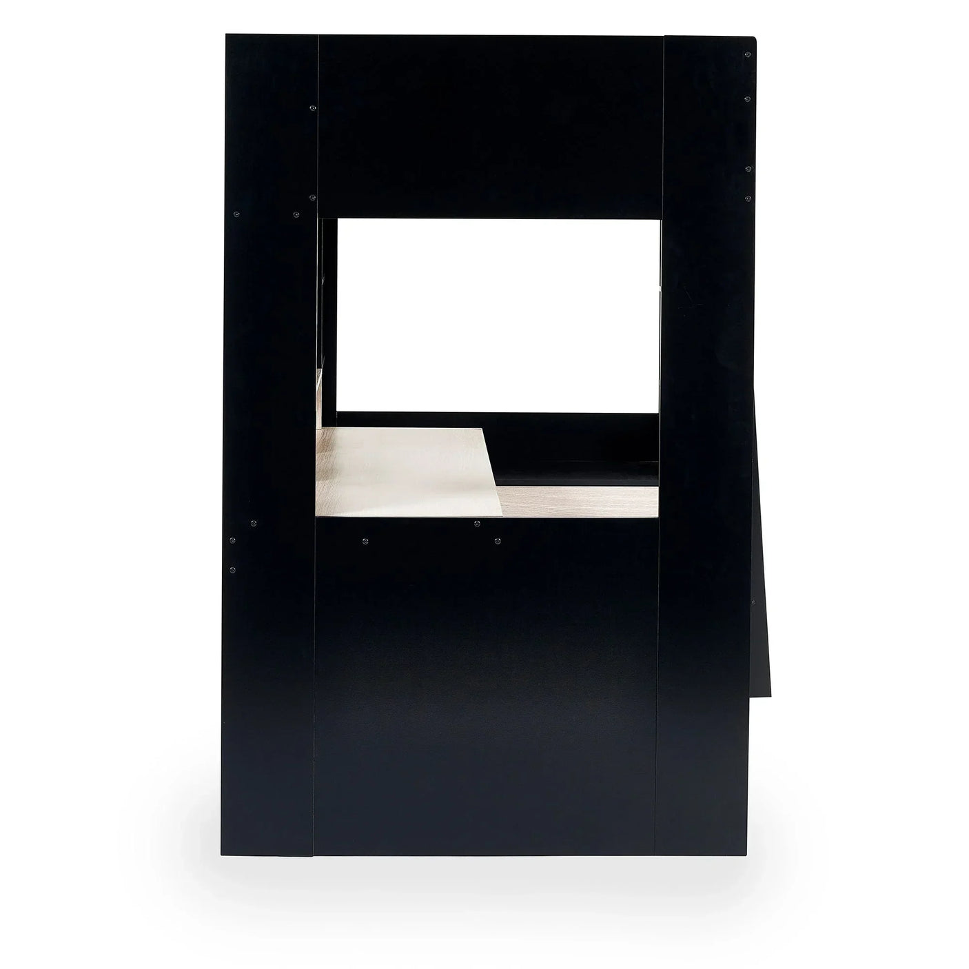 Side view of black and pale wood gaming high sleeper bed frame with open window cutout