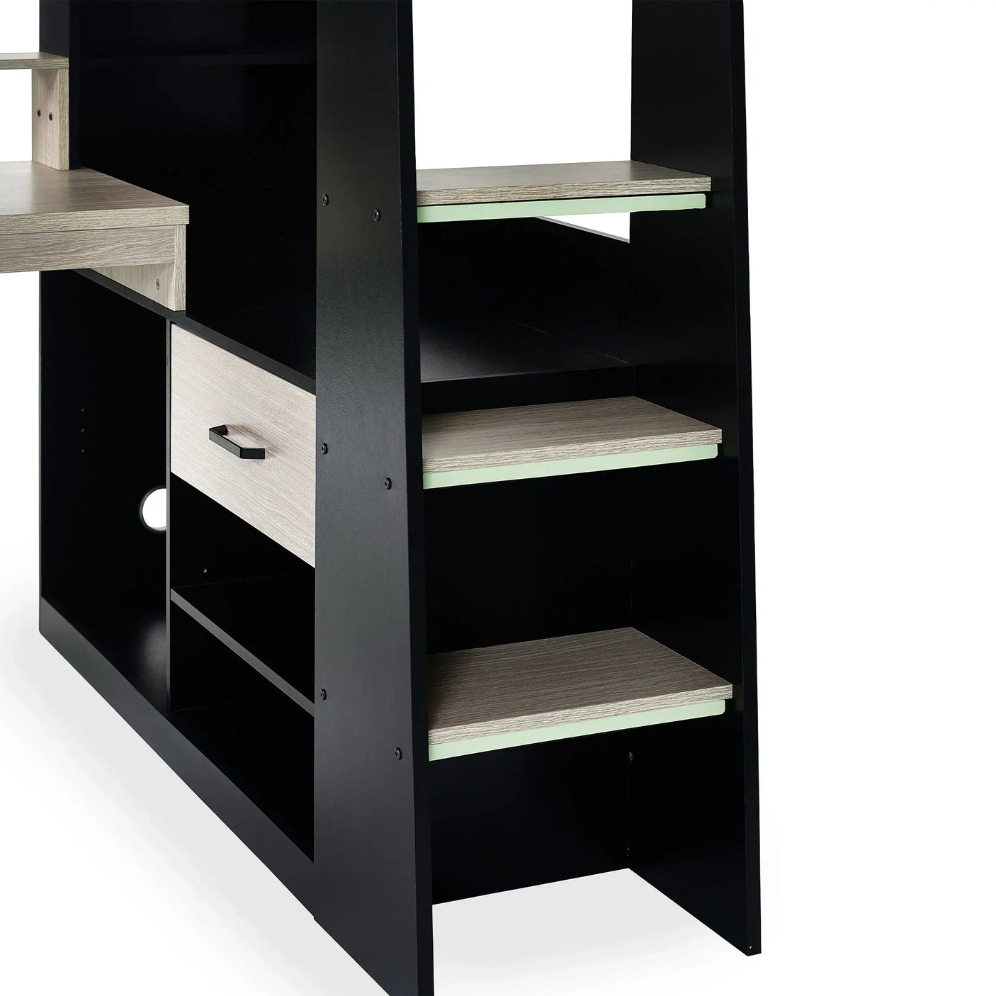 Black and pale wood gaming highsleeper desk detail with storage shelves and drawer