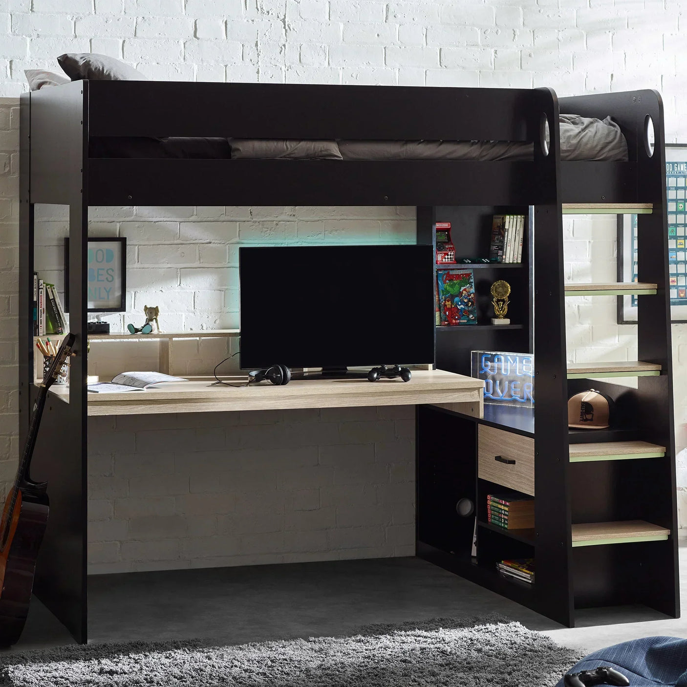 Black high sleeper gaming bed with pale wood desk, shelving, ladder and TV setup
