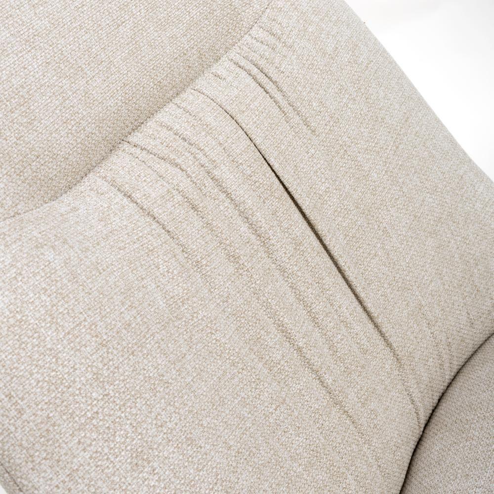 Close-up of beige fabric armchair backrest with textured upholstery and stitched detail