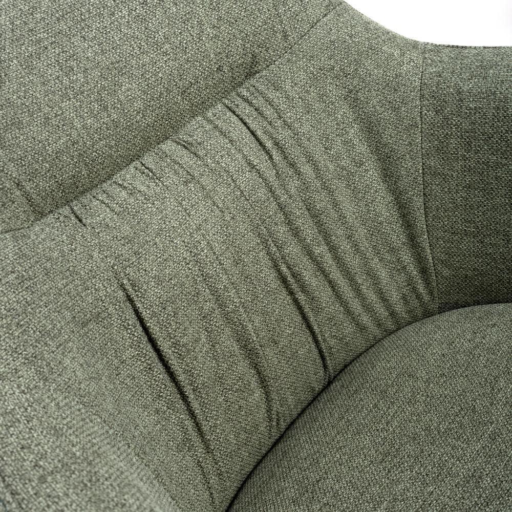 Close-up view of grey fabric armchair upholstery with textured detail and stitched seams