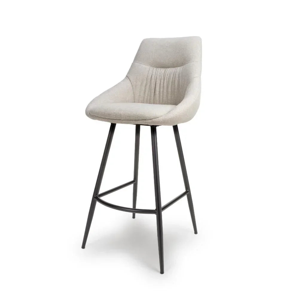Modern beige fabric bar stool with metal legs and curved backrest