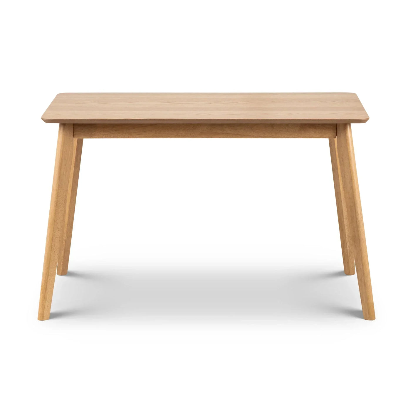 Rectangular oak dining table with angled legs on white background